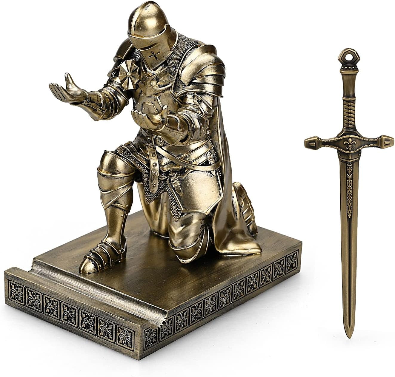HDMbigmi King's Guard Leader Cloak Warrior Pen Holder Mobile Phone Stand, Resin Pen Stand Paperweight with a Metal Sword Letter Opener for Office and Home (Copper)