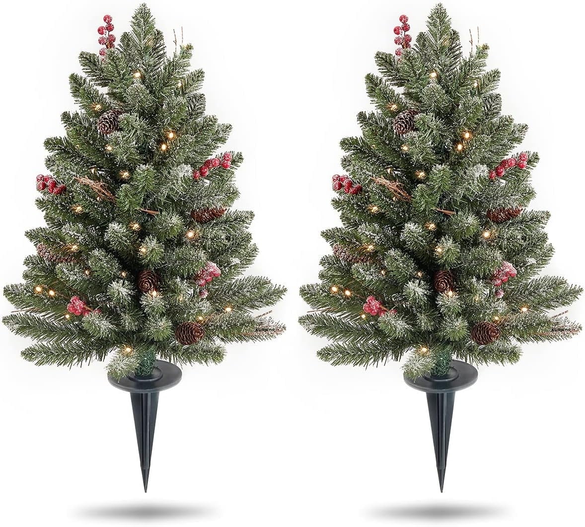 OasisCraft 2Pcs Pre-Lit Christmas Tree, 2FT Artificial Christmas Tree Decorated with Pine Cones, Snow, Red Berries, Battery Operated for Porch,Entrances Tabletop