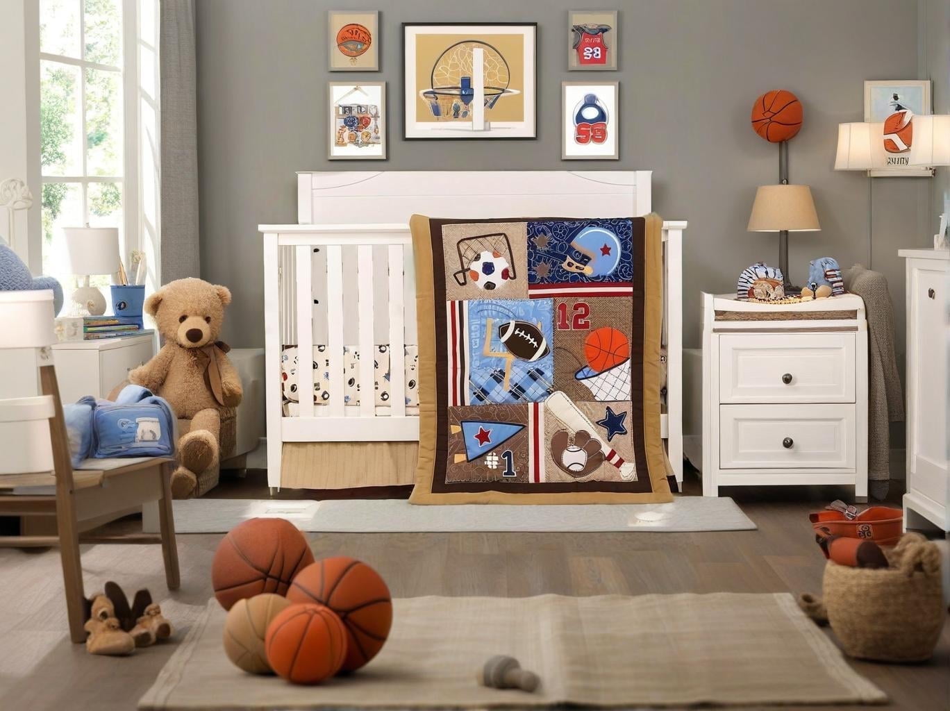 Sport Dreams 2-Piece Crib Bedding Set, Brown/Grey, 2 Piece (quilt and crib sheet, come with a dust ruffle as a gift)