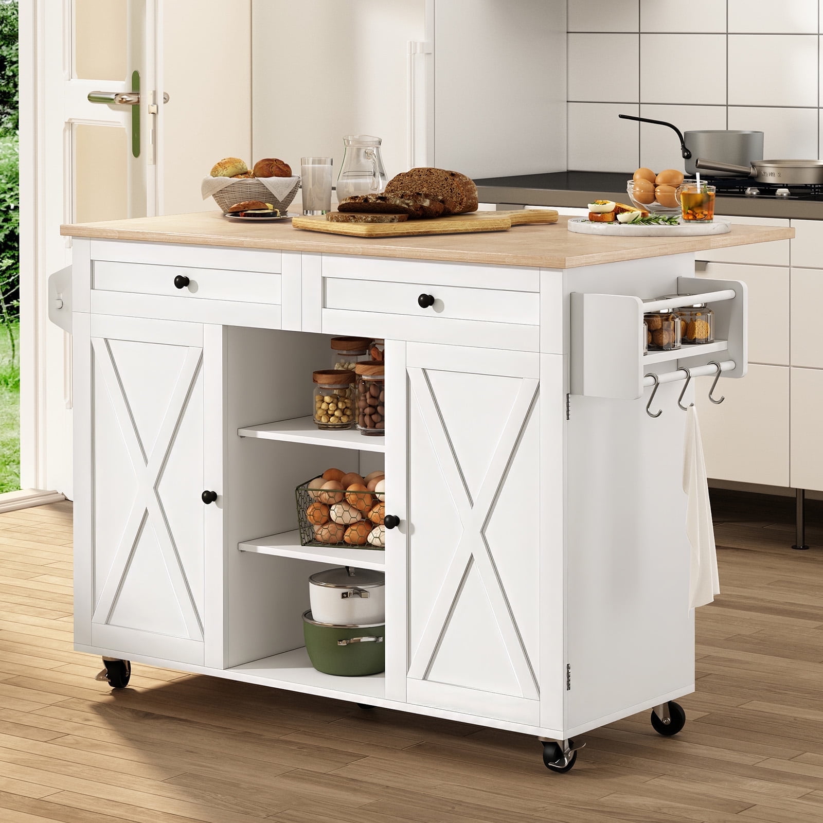 "HLR 51.7"" W Rolling Kitchen Island, Adjustable Shelves, Breakfast Bar with Storage, White"