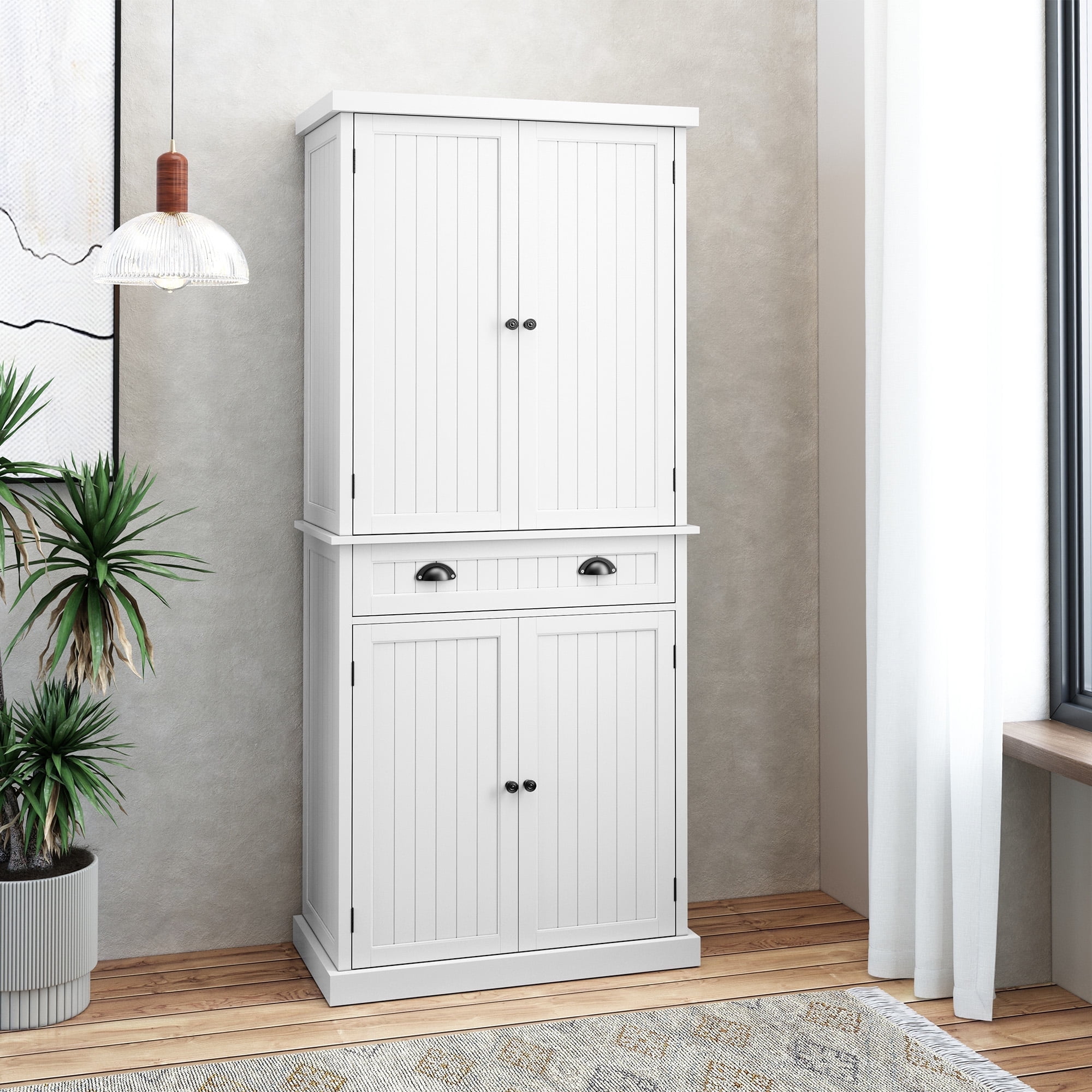 "HLR 72"" Tall Kitchen Pantry Storage Cabinet with Adjustable Shelves and Drawer, White"