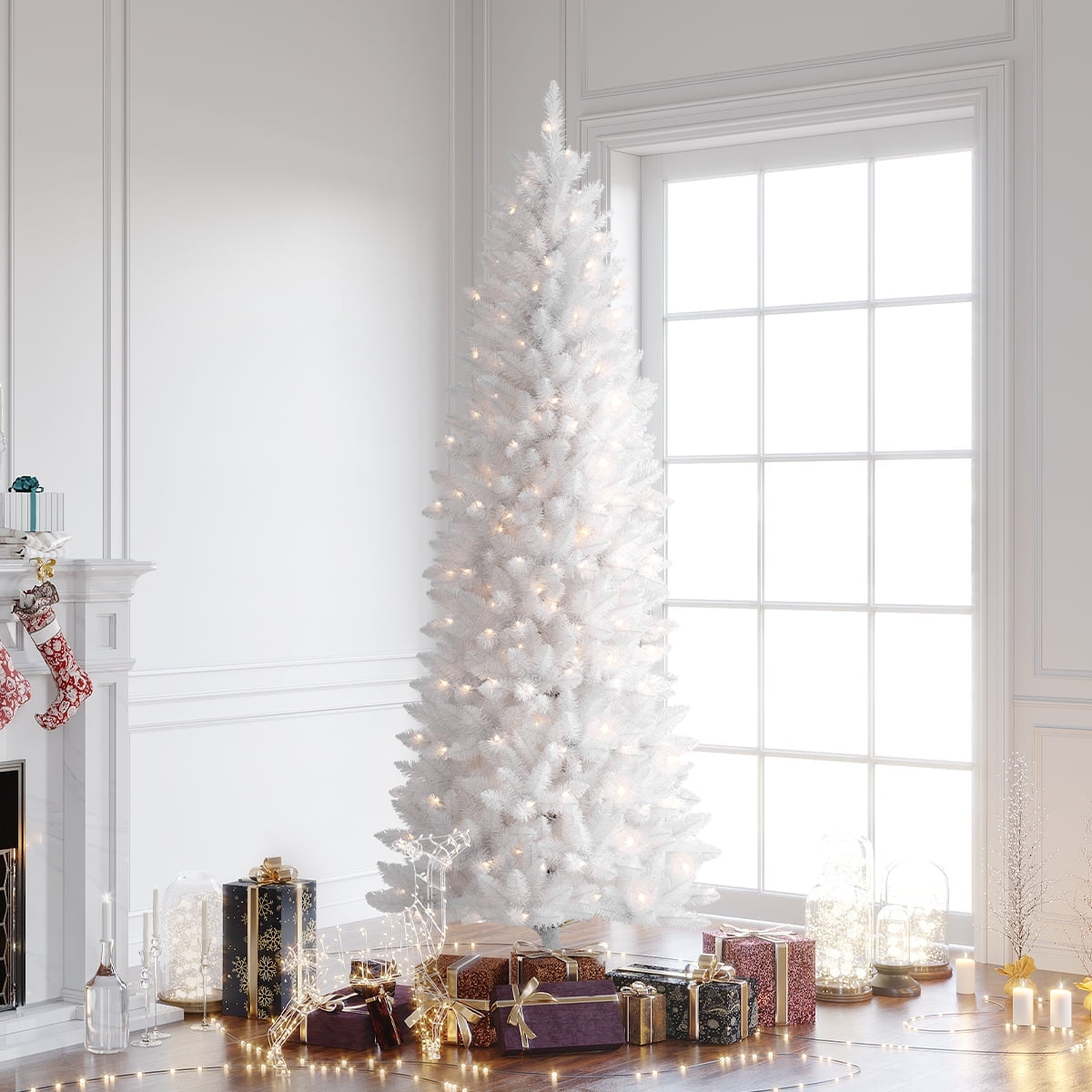 Jostyle UL Certified 280 Clear Prelit Incandescent White Holiday Fraser Fir Pencil Slim Artificial Christmas Tree, 6.5'