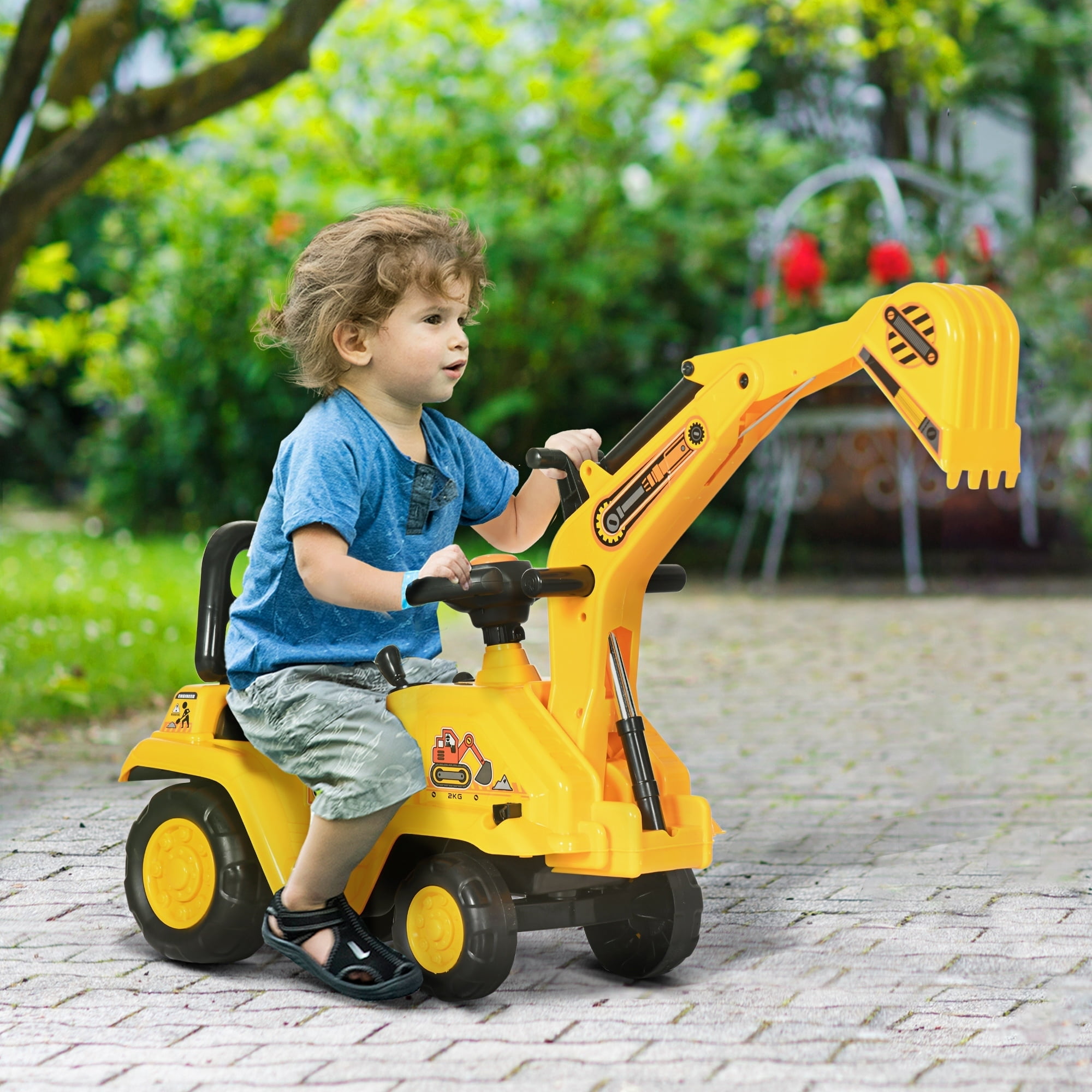 HOMCOM NO Power 3 in 1 Ride On Toy Excavator Digger Scooter Pulling Cart Pretend Play Construction Truck