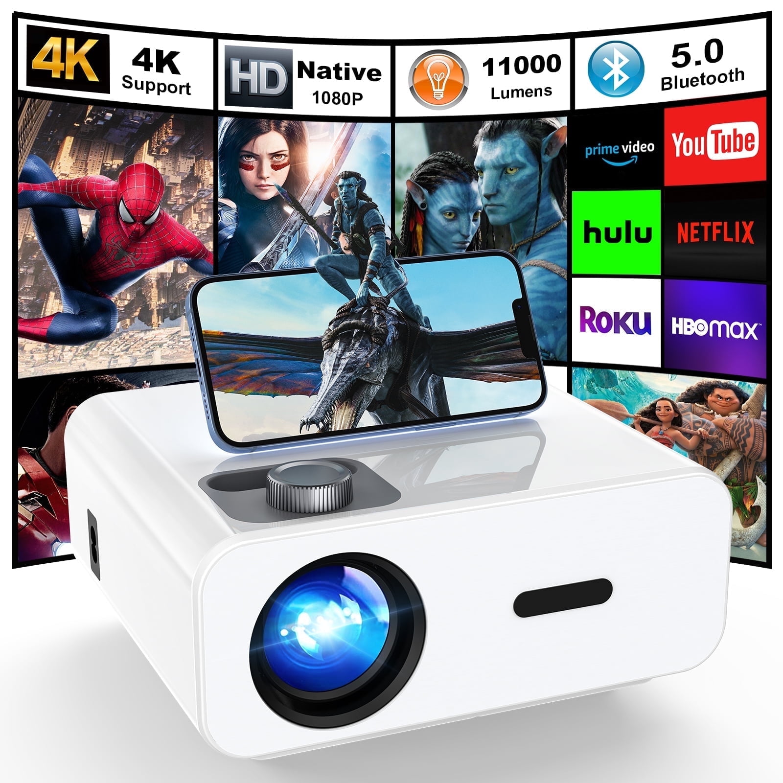 HONPOW Projector, Native 1080P Full HD Bluetooth Projector, 11000 Lumens Mini Portable Outdoor Indoor Movie Projector Compatible with Laptop, Smartphone, TV Stick, Xbox, PS5