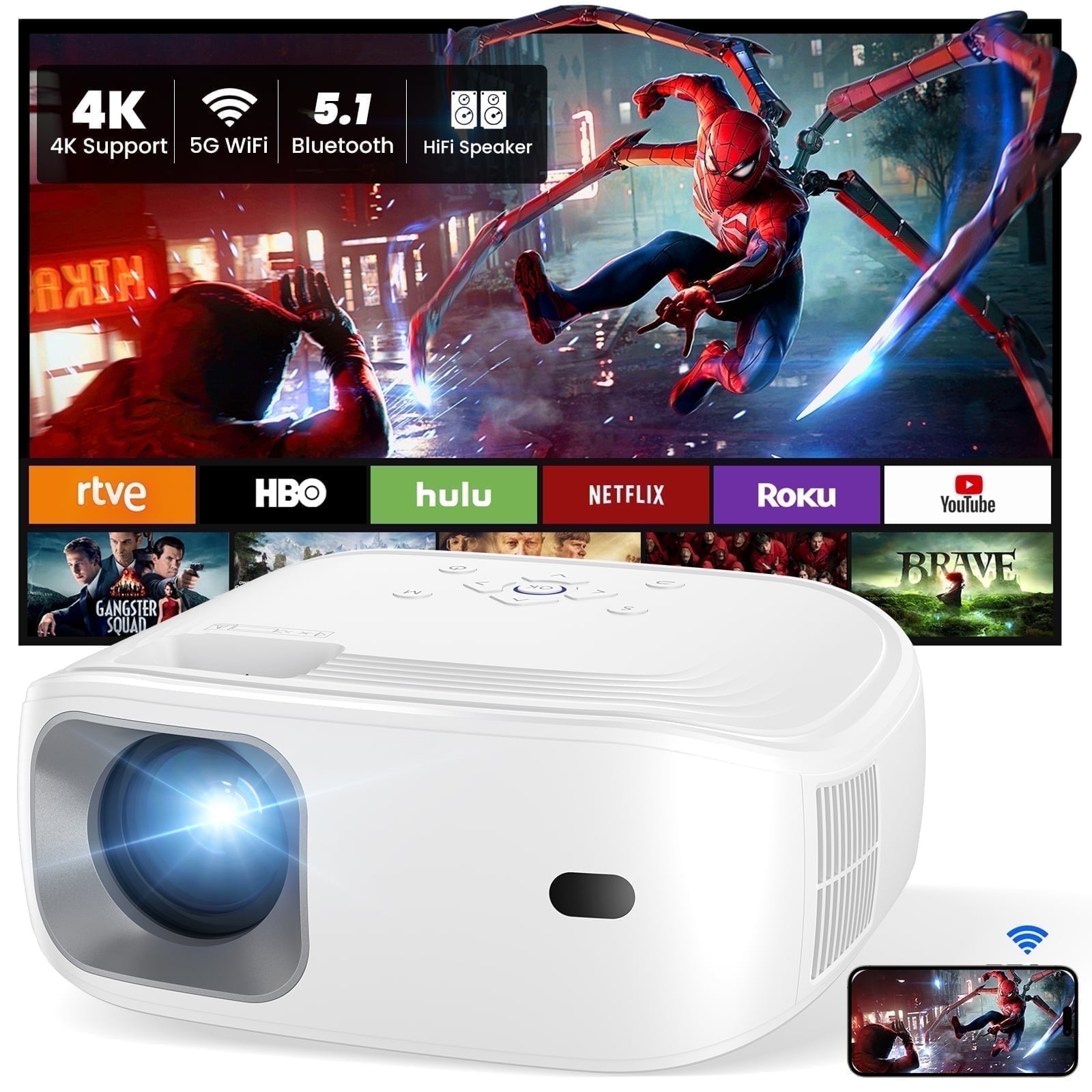 AUOSHI Projector with Wifi and Bluetooth Portable Projectors, 4K Support Mini Projector with Speaker, FHD Native 1080P Projectors for Outdoor Movies Home Theater