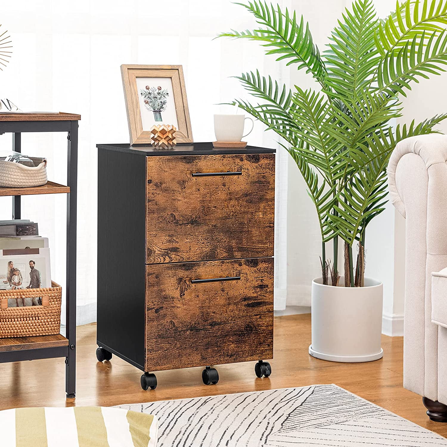HOOBRO 2 Drawer Mobile File Cabinet, Rolling Printer Stand, Rolling Office Cabinet with 5 Wheels, Wooden Vertical Filing Cabinet fits A4/Letter Size for Home Office, Rustic Brown and Black BF03WJ01G1