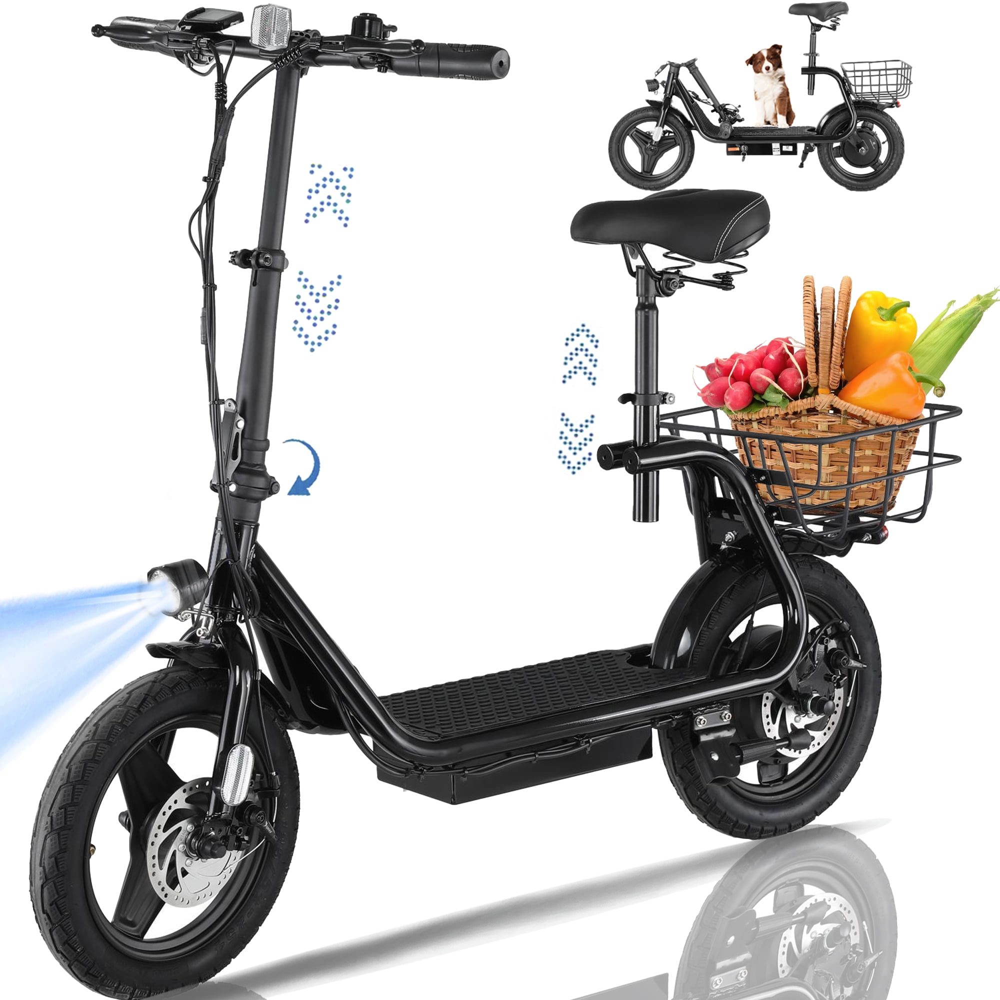 HOTEEL Electric Scooter with Seat, 819W Peak 500Wh Battery 25 Miles Range 20Mph Top Speed, Foldable Electric Scooter for Adults with Basket, Black