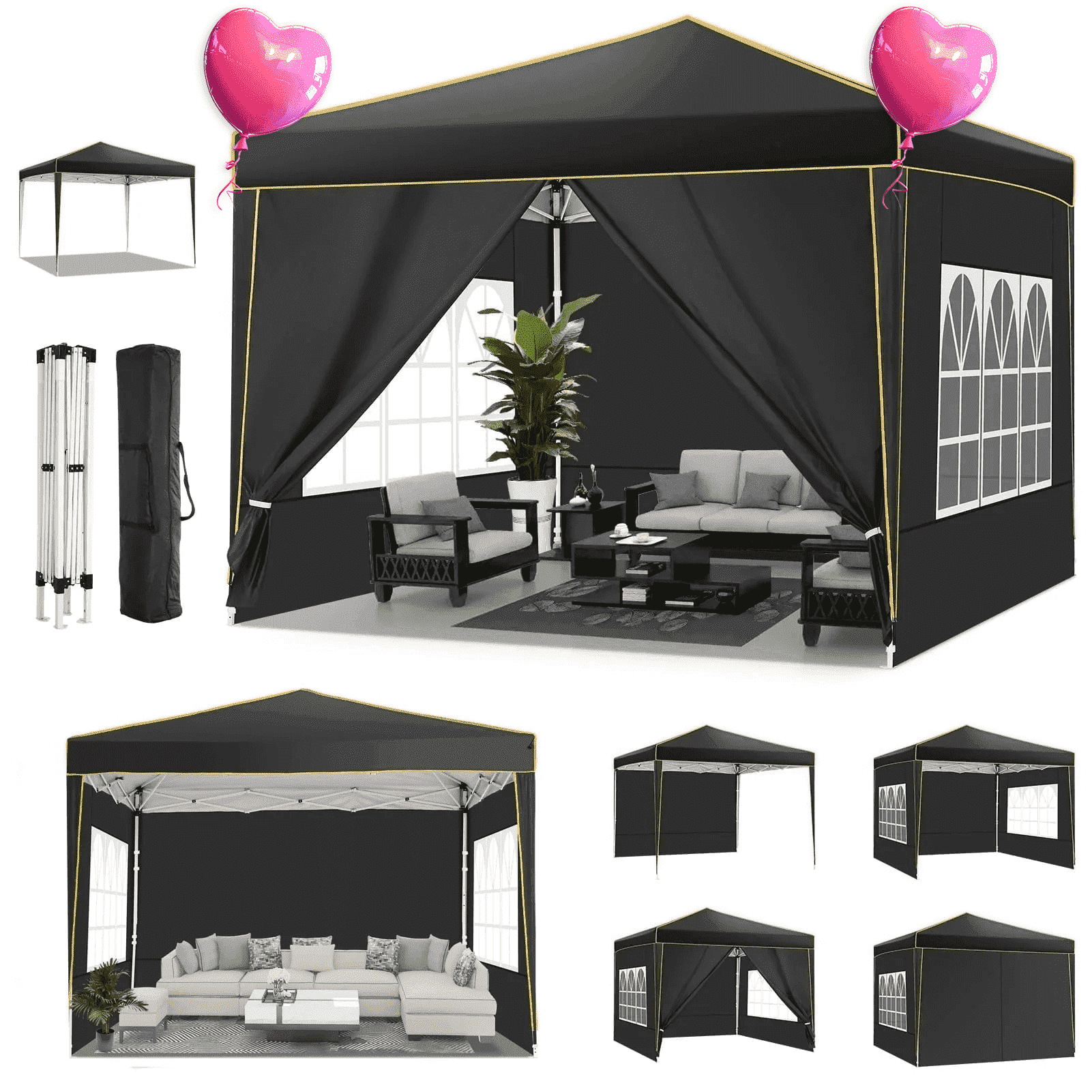 HOTEEL Pop up Canopy Tent 10x10 Commercial Instant Canopy with 4 Sidewalls & Carry Bag,Portable Tent for Parties Beach Camping Party Event Shelter Sun Shade,Black