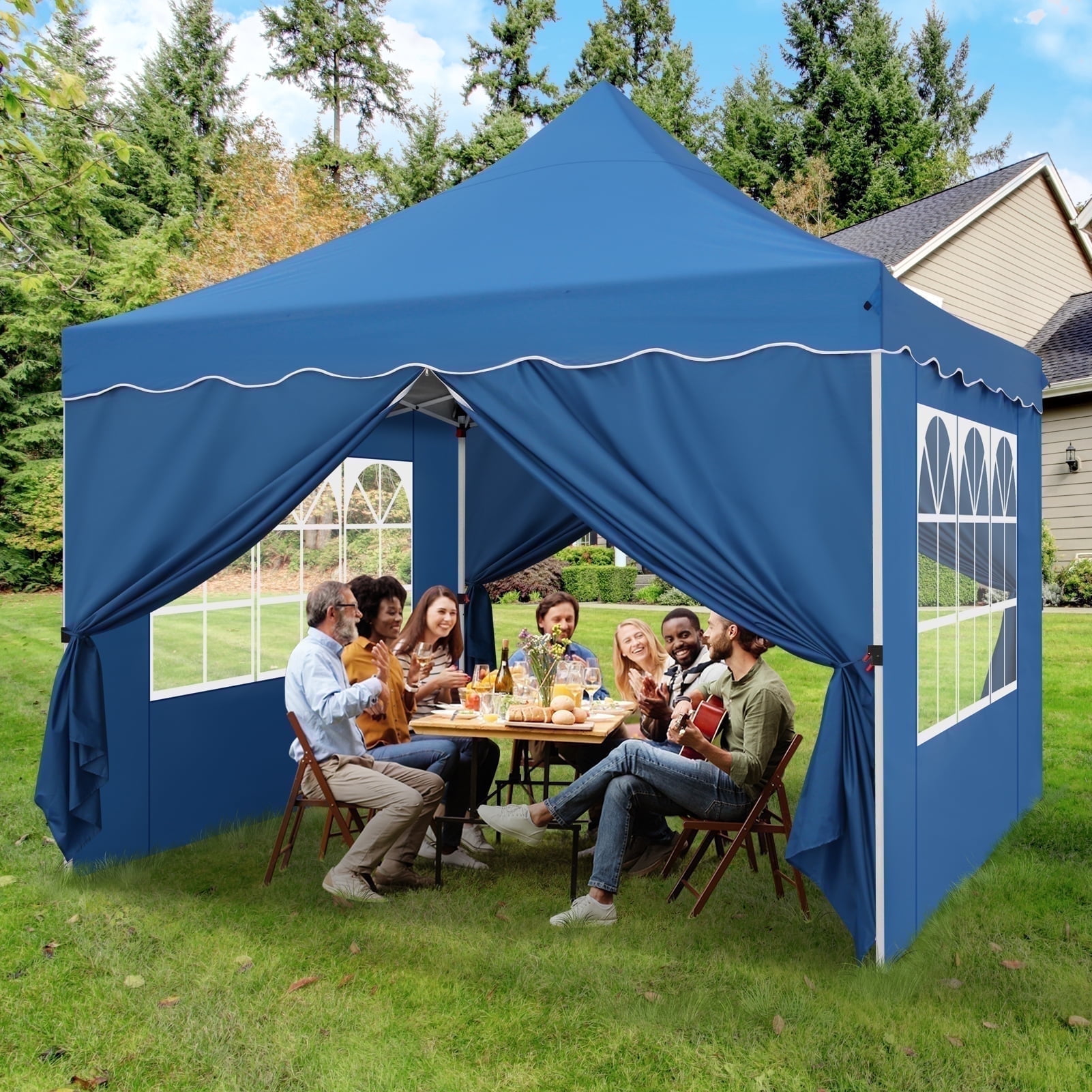 HOTEEL 10x10 Pop Up Canopy , UPF 50+ Easy Setup Canopy Tent Waterproof Outdoor Instant Portable Shelter with 4 Removable Sidewalls, Sandbags, Stakes & Ropes for Party, Events, Vendor, Blue