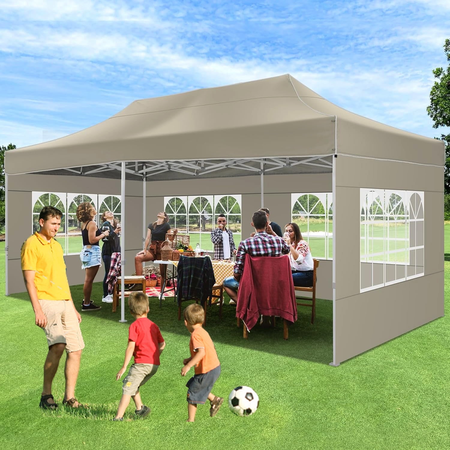 HOTEEL 10x20 Heavy Duty Canopy Tent with 6 Sidewalls,Pop up Commercial Tents,Outdoor Party Tents with Roller Bag,Khaki
