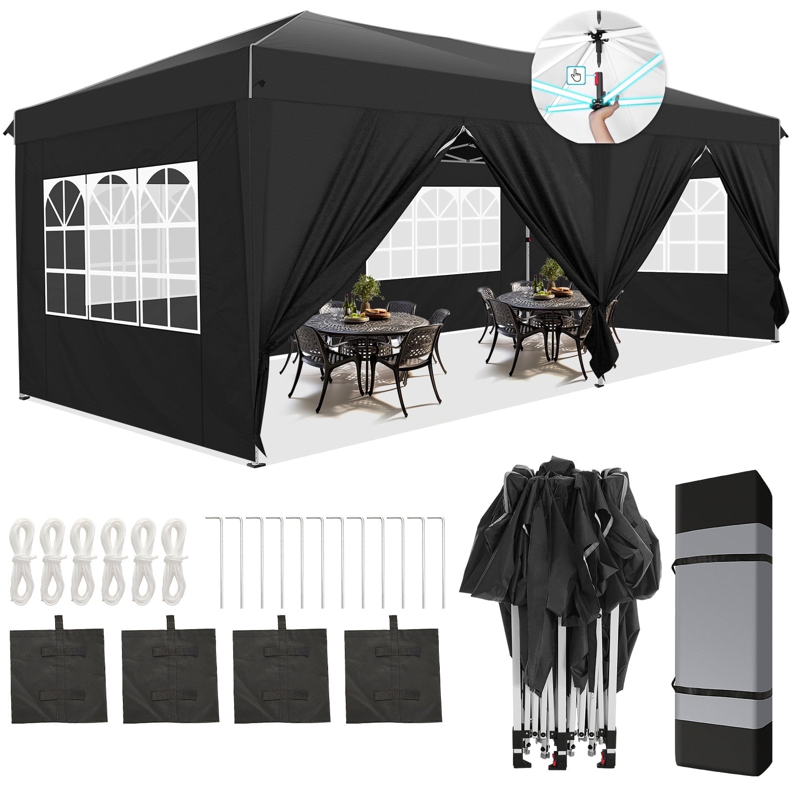 HOTEEL 10x20 Pop Up Canopy with Sidewalls, Easy Up Canopy Tent with Carry Bag, Outdoor Canopies with 4 Sandbags, Large Tents for Outdoor Events, Wedding, Backyard, Commercial, Black