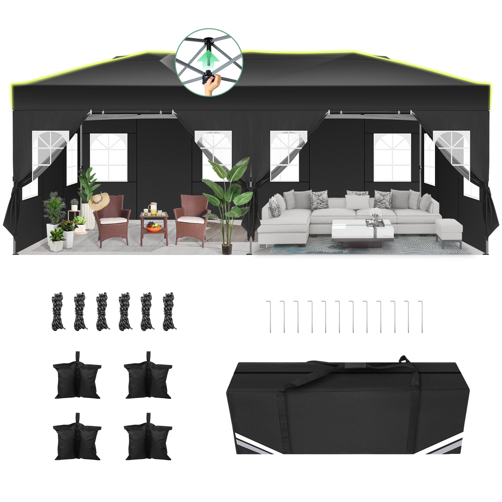 HOTEEL 10x20 Pop up Canopy Tent, Waterproof Commercial Tent with 6 Removable Sidewalls & Air Vent，One Push Setup Outdoor Sun Shelter Gazebo for Parties, Wedding, Black