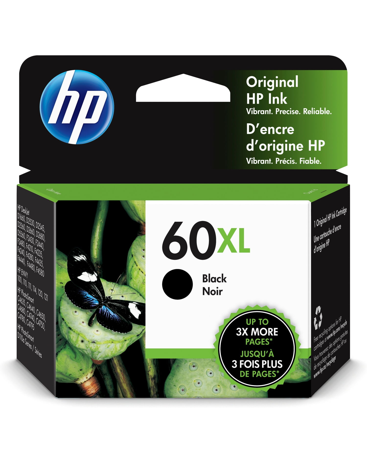 HP 60XL High Yield Black Original Ink Cartridge, ~600 pages, CC641WN#140