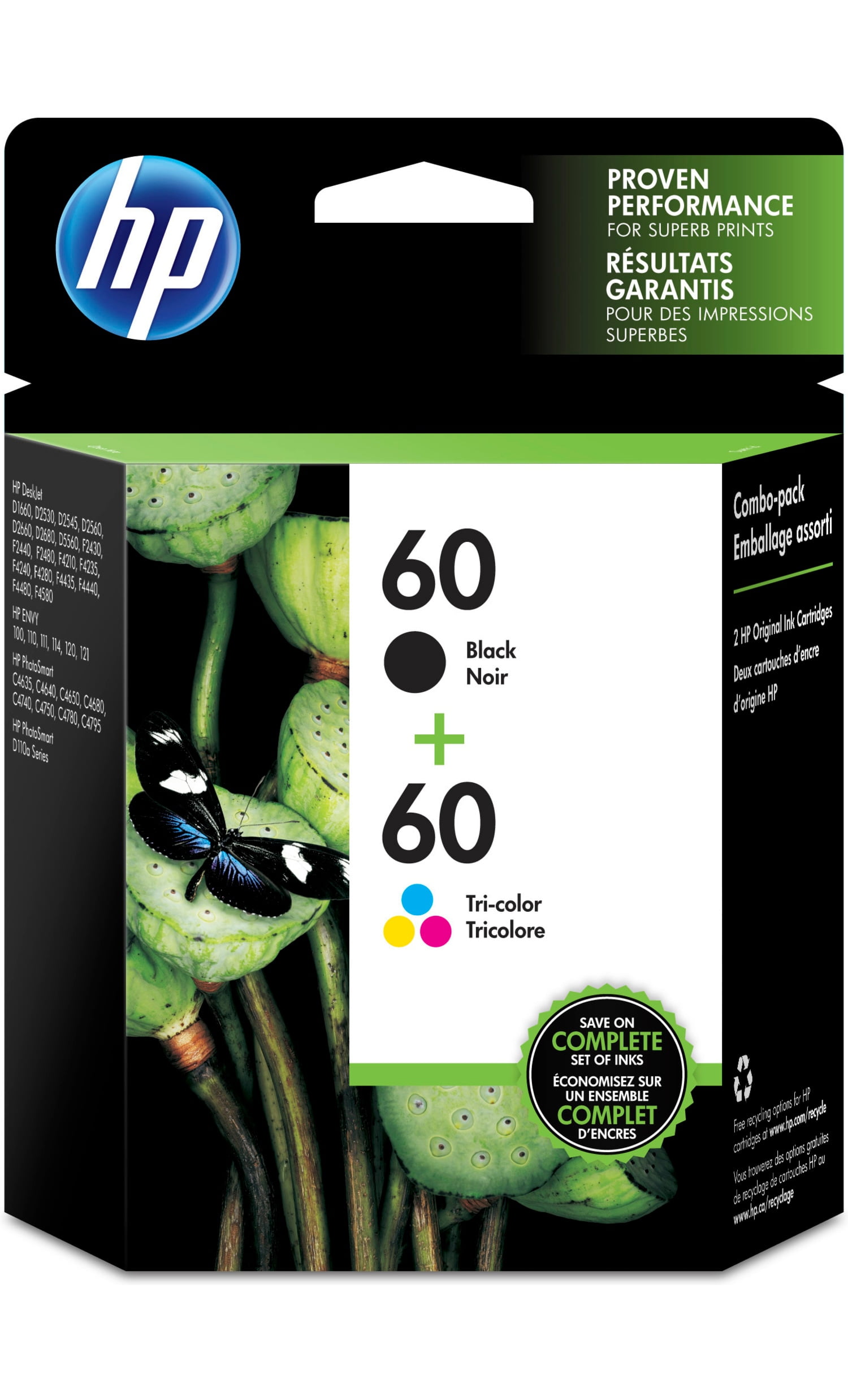 HP 60 2-pack Black/Tri-color Original Ink Cartridges, ~200 pages, N9H63FN#140