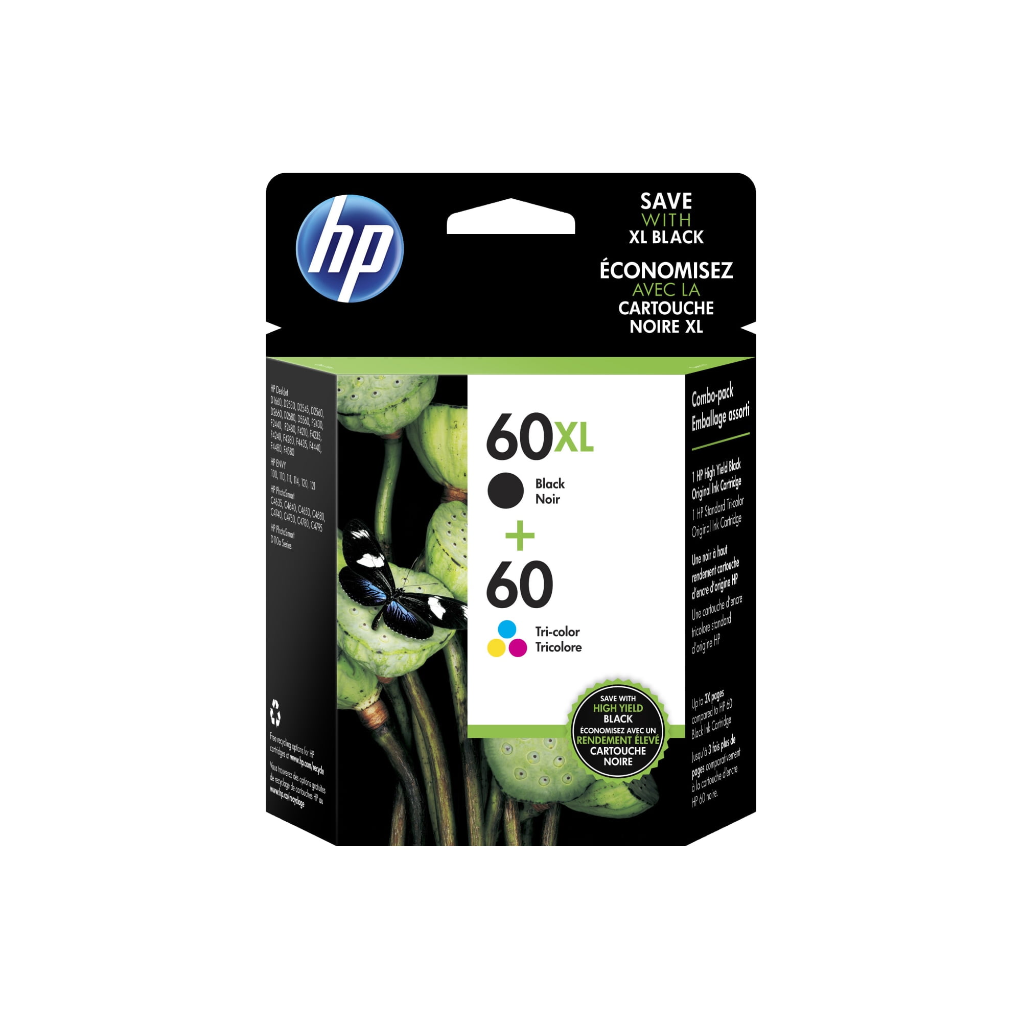 HP 60XL Black 60 Tricolor Original Ink Cartridges (N9H59FN), Pack Of 2