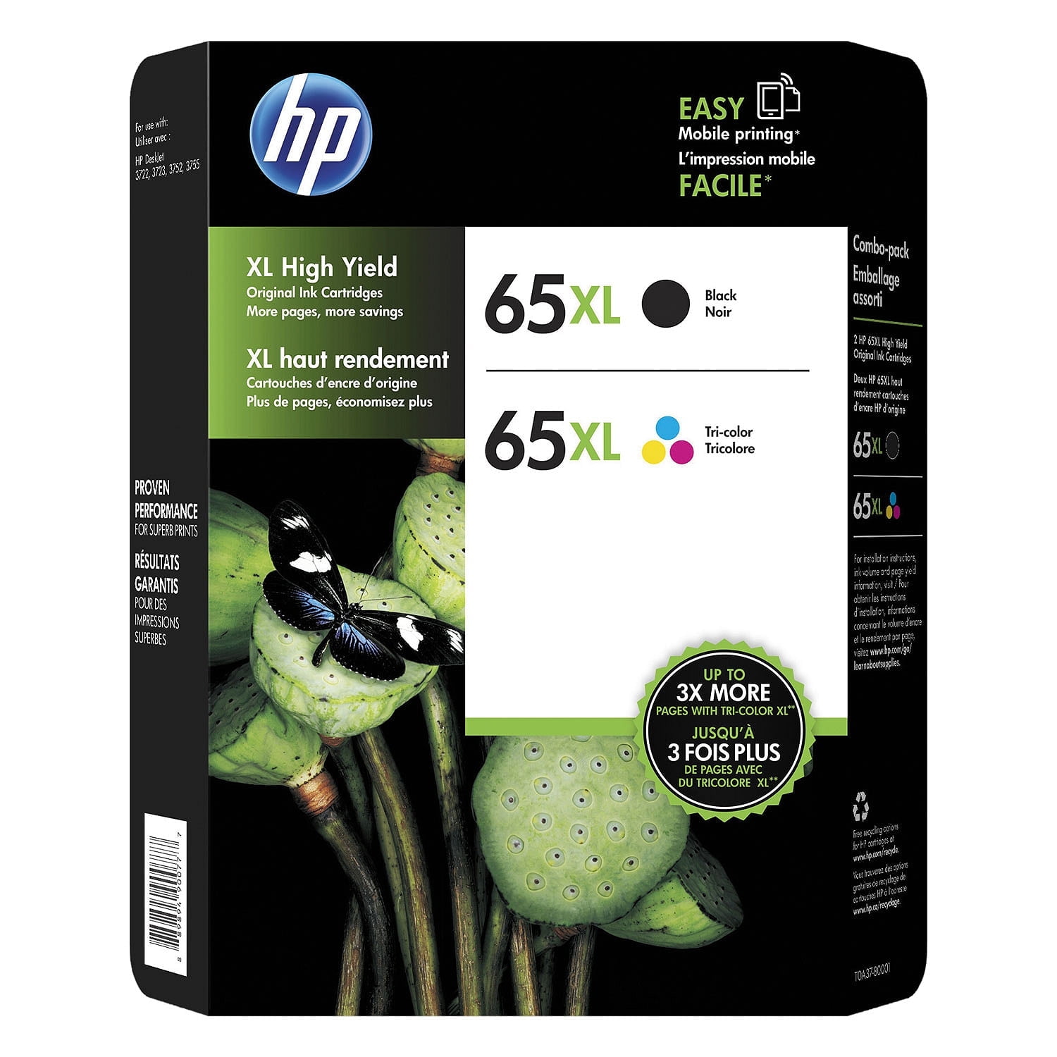 HP 65XL High-Yield Black; Tri-Color Original Ink Cartridge, 2/Pk N9K04AN, N9K03AN