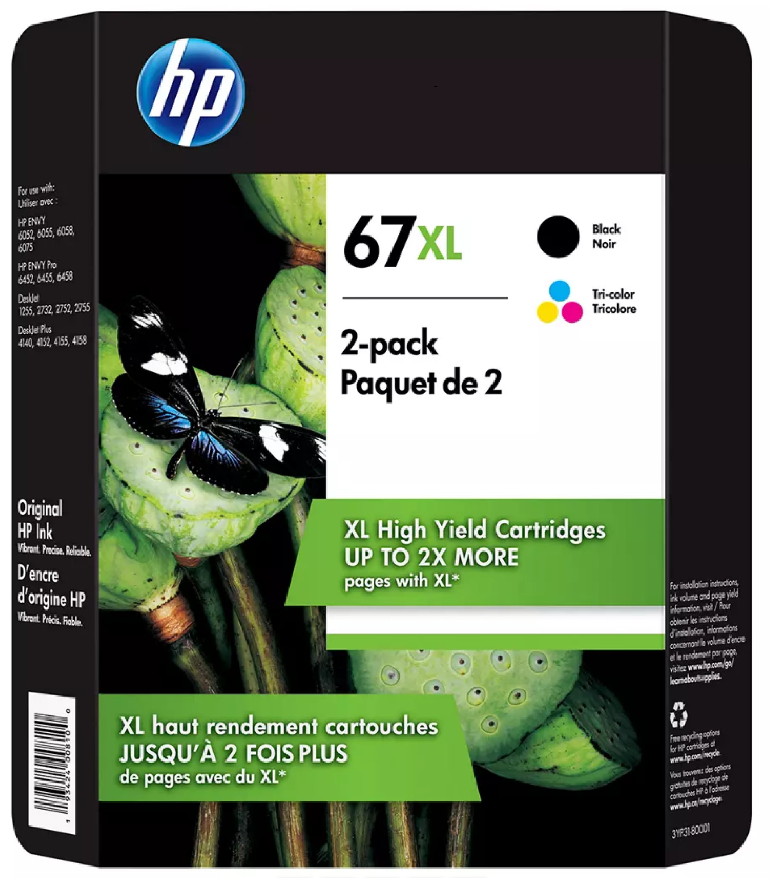 HP 67XL Black and Tri-Color (Yellow, Cyan, Magenta) Ink Cartridges Combo Original