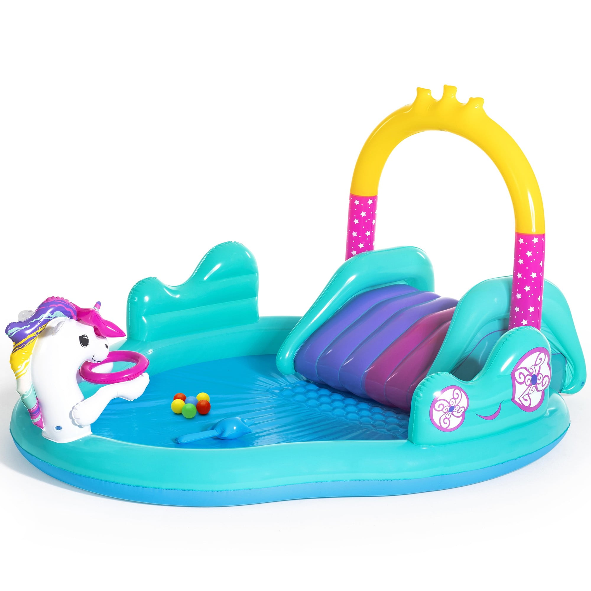 Bestway: H2OGO! Magical Unicorn Carriage Play Center - 9' Multicolor Inflatable, Kiddie Wade Splash Pool, Water Slide, Arch Sprayer, Toddler & Kids 2+
