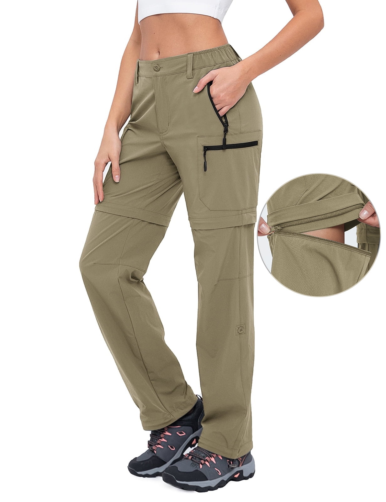 Hiauspor Convertible Pants for Women Zip off Cargo Hiking Capri Stretch Quick Dry Khaki S