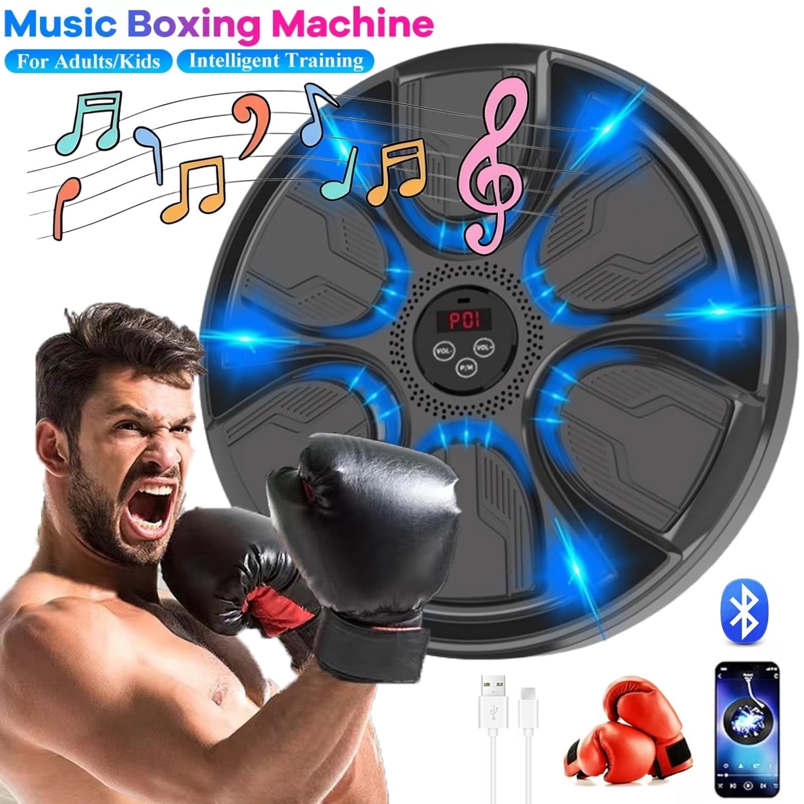 Hinzonek Music Boxing Machine, Upgraded 2.0 Smart Bluetooth Music Boxing Parent-Child Games, Wall-Mounted Exercise Equipment for Home Exercise, with Red Gloves