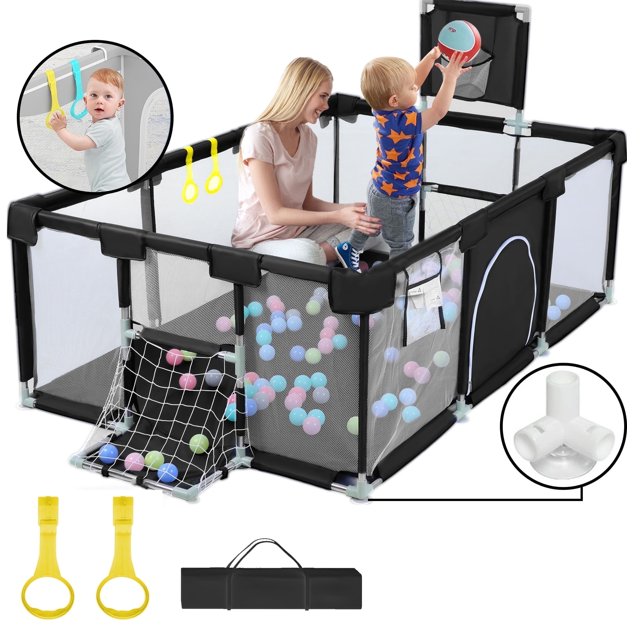HioHa Large Baby Playpen, Big Playard with Basketball Hoop, Portable Play Yard Baby Fences with Storage Bag for Infant Toddler