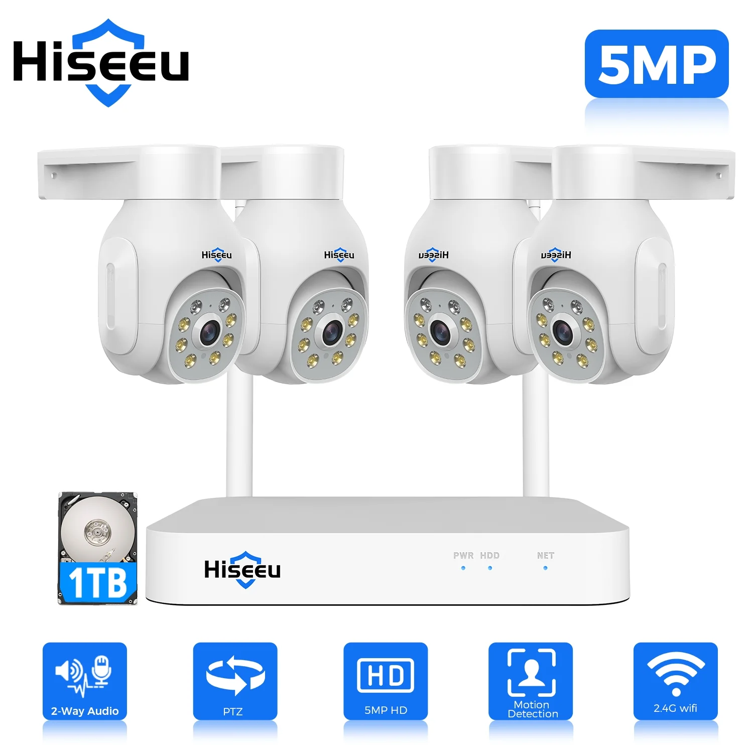 Hiseeu WiFi PTZ Security Camera System,5MP,Expandable 10CH NVR,1TB Hard Drive,12V DC Power Cords,IP66 Waterproof, Motion Alert, Plug&Play,24/7 Motion Record, Auto Track