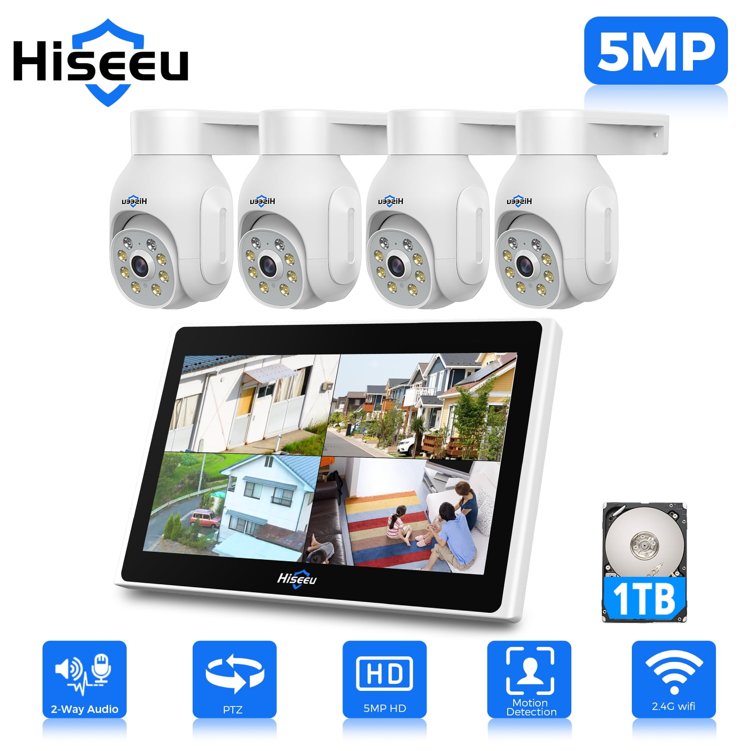 Hiseeu Wireless Security Camera System, 4PCS 5MP Outdoor Camera with 10in LCD, 2-Way Audio, PTZ, Night Vision, Motion Alert, 1T, 10CH Expandable (Supports Only 2.4Ghz WiFi)
