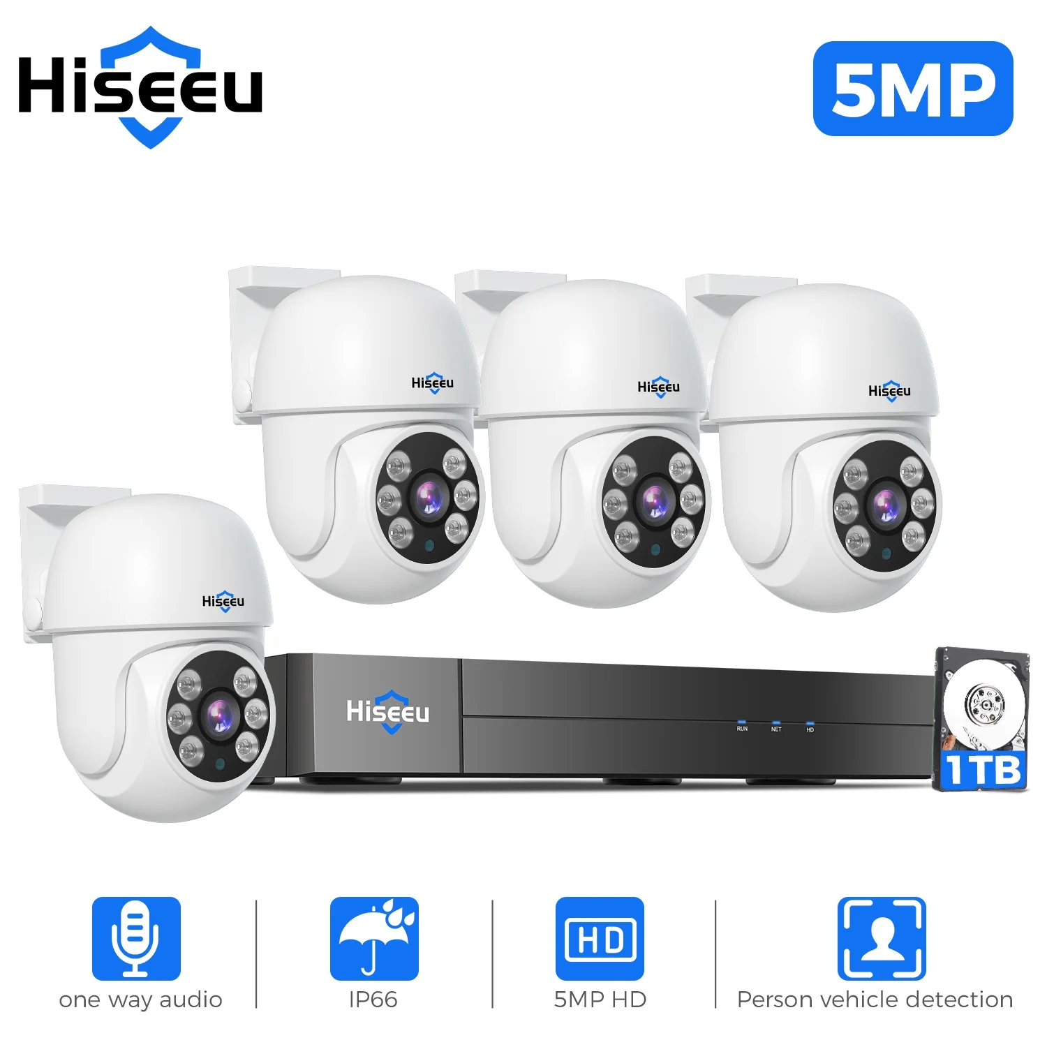Hiseeu PT Wired Security Camera System 8ch 5MP Cameras 1TB Hard Drive,Outdoor,Remote Access,Night Vision,24/7 Record，Person Vehicle Detection Cameras