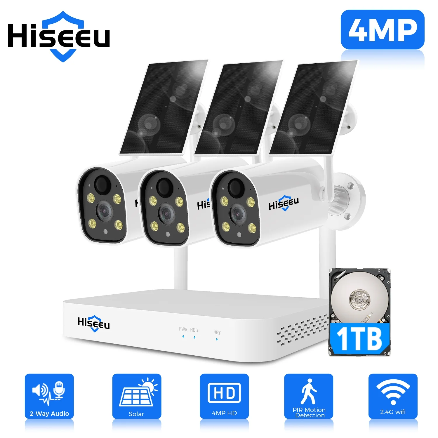 Hiseeu Solar Battery Wireless Security Camera 4MP Home Outdoor Cameras System with 10CH NVR 1TB HDD Color Night Vision PIR Motion Detection