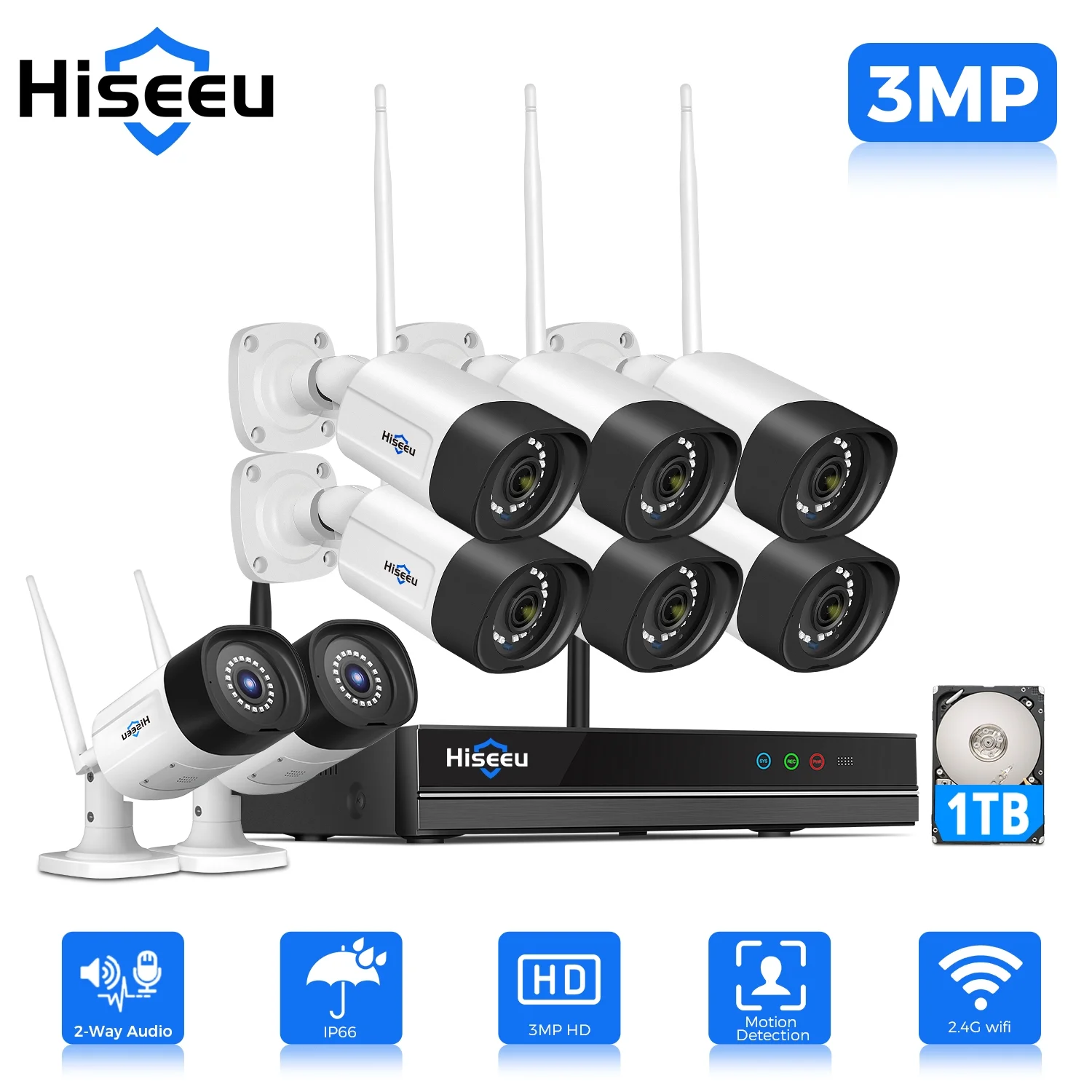 Hiseeu 3MP Wireless WiFi Security Camera System with 3TB Hard Drive, 8Pcs Security Cameras Wireless WiFi with 2-Way Audio,IP66 Waterproof,64ft IR Night Vision,Motion Detect Home Security System