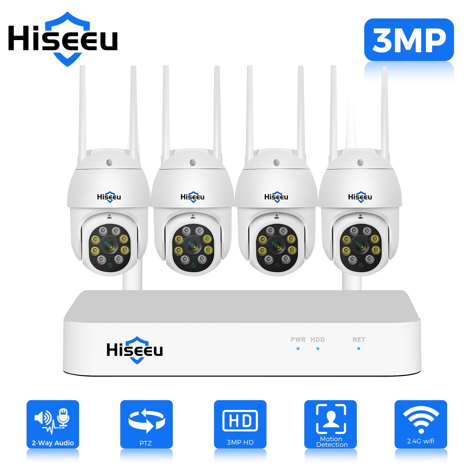 Hiseeu 3MP Security Camera System, Auto Tracking, Full Color Night Vision, IP66 Waterproof, with 1TB HDD