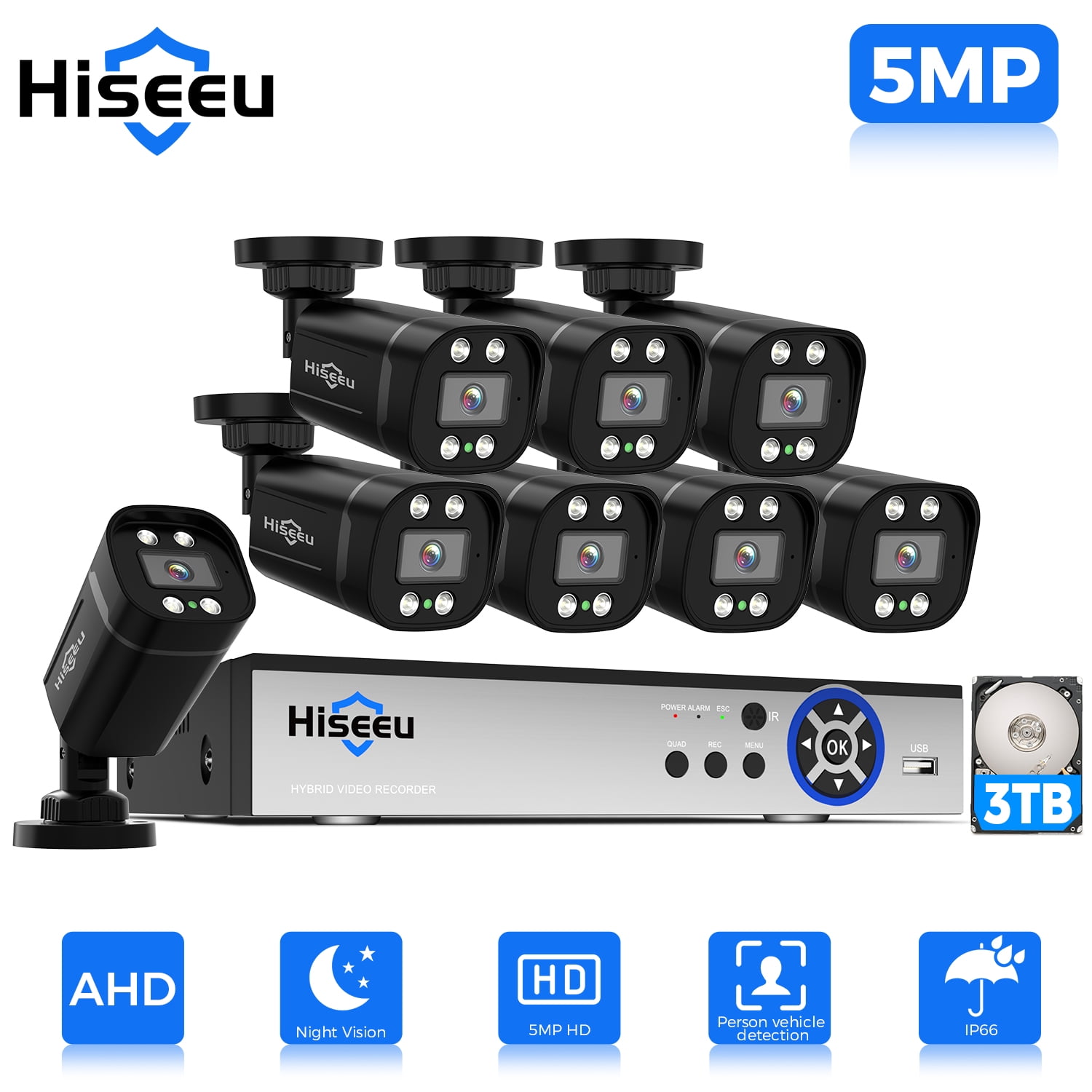Hiseeu 5MP 8ch Wired Security Camera System Home CCTV Camera Security System w/8pcs Security Cameras Outdoor&Indoor,Remote Access,Person/Vehicle Detection,Night Vision,24/7 Record,3TB HDD