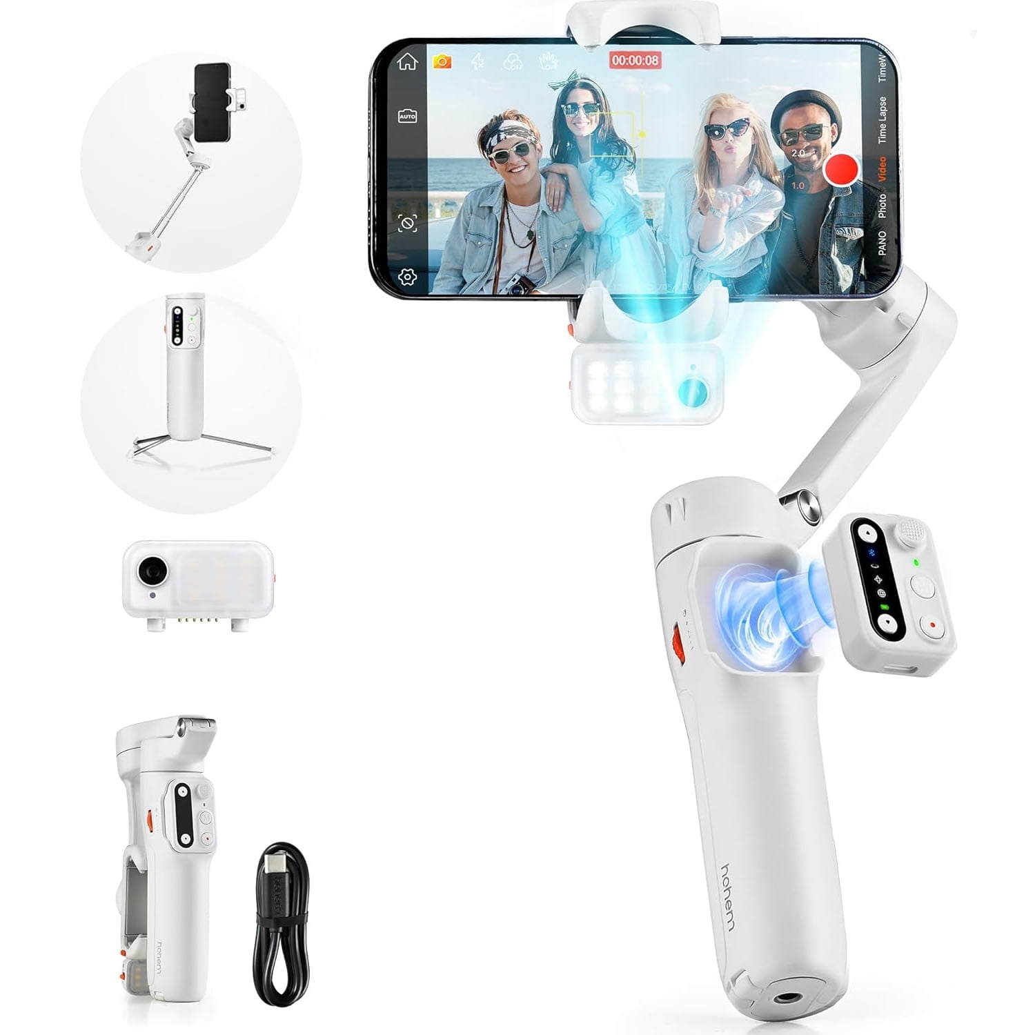 Hohem iSteady V3 Gimbal Stabilizer for Smartphone, Phone Gimbal with Magnetic AI Tracker, Built-in Extension Rod, Tripod, Fill Light, Phone Stabilizer for Video Recording, YouTube, White