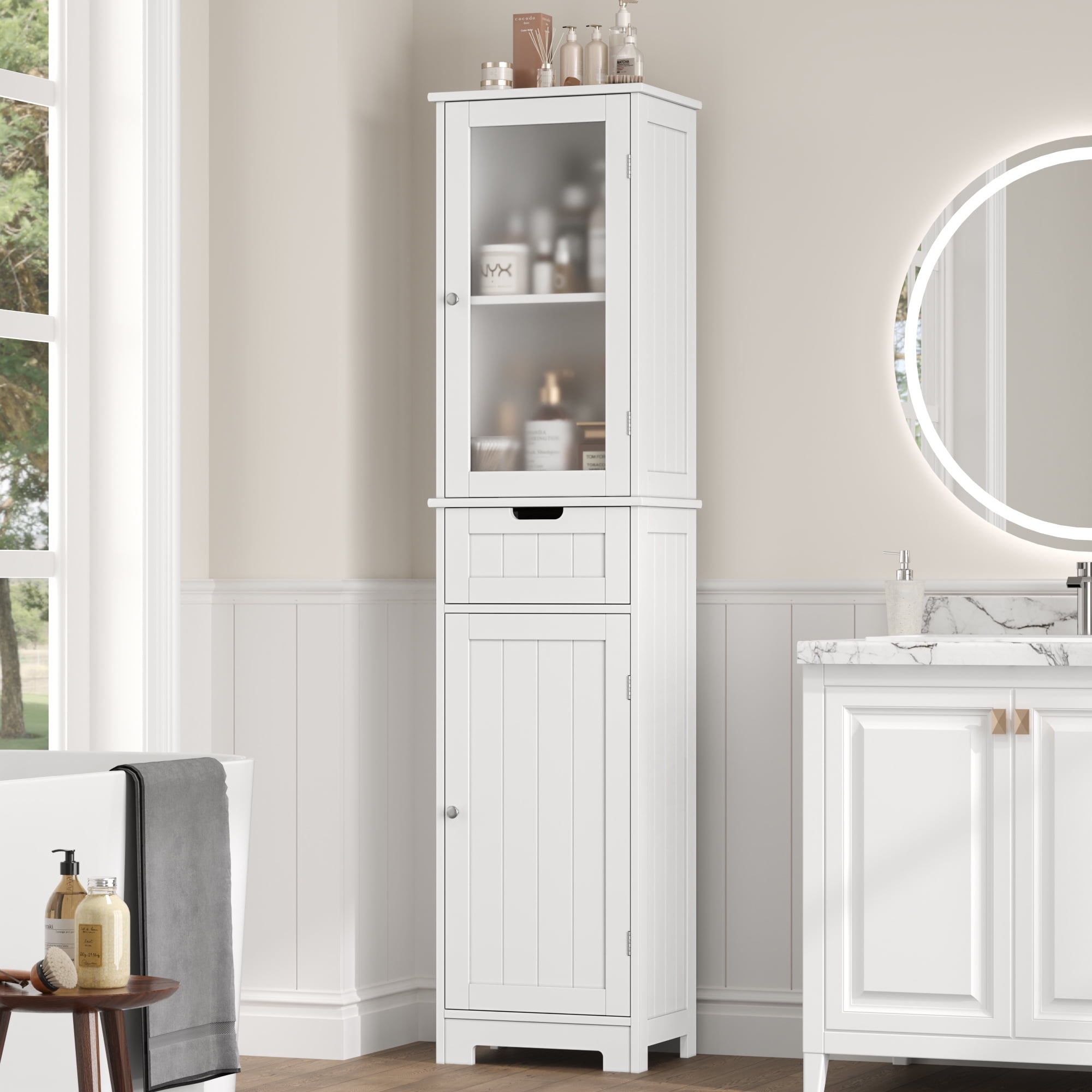 Homfa Bathroom Storage Tower, Narrow Linen Cabinet with Door and Drawers, Tall Bathroom Storage Cabinet for Small Spaces, White