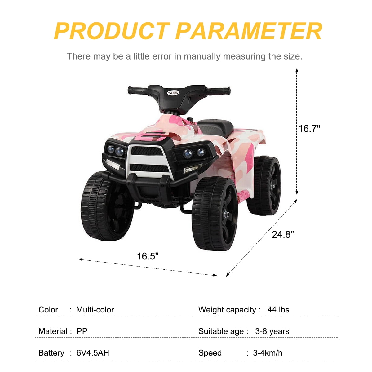 Hommoo Kids Electric Car,6V Ride On 4 Wheel Toy ATV with LED Lights and Music for Kids Ages 2 to 5, Multi-color