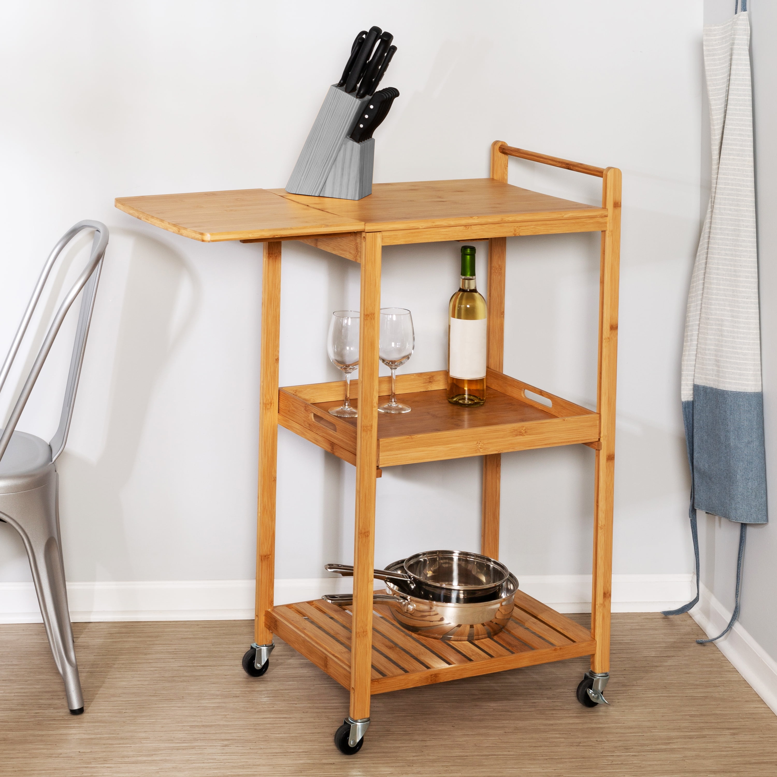 Honey-Can-Do 3-Tier Bamboo Rolling Kitchen Cart with Drop-Leaf and Removable Tray, Natural