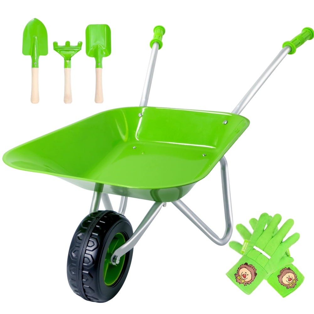 Hortem Kids Wheelbarrow Set Metal, Child Wheel Barrel Green Easy to Assemble and Kids Gardening Tools Kit, Garden Toys with Small Wheel Barrow, Outdoor Indoor Toys Gift for Children