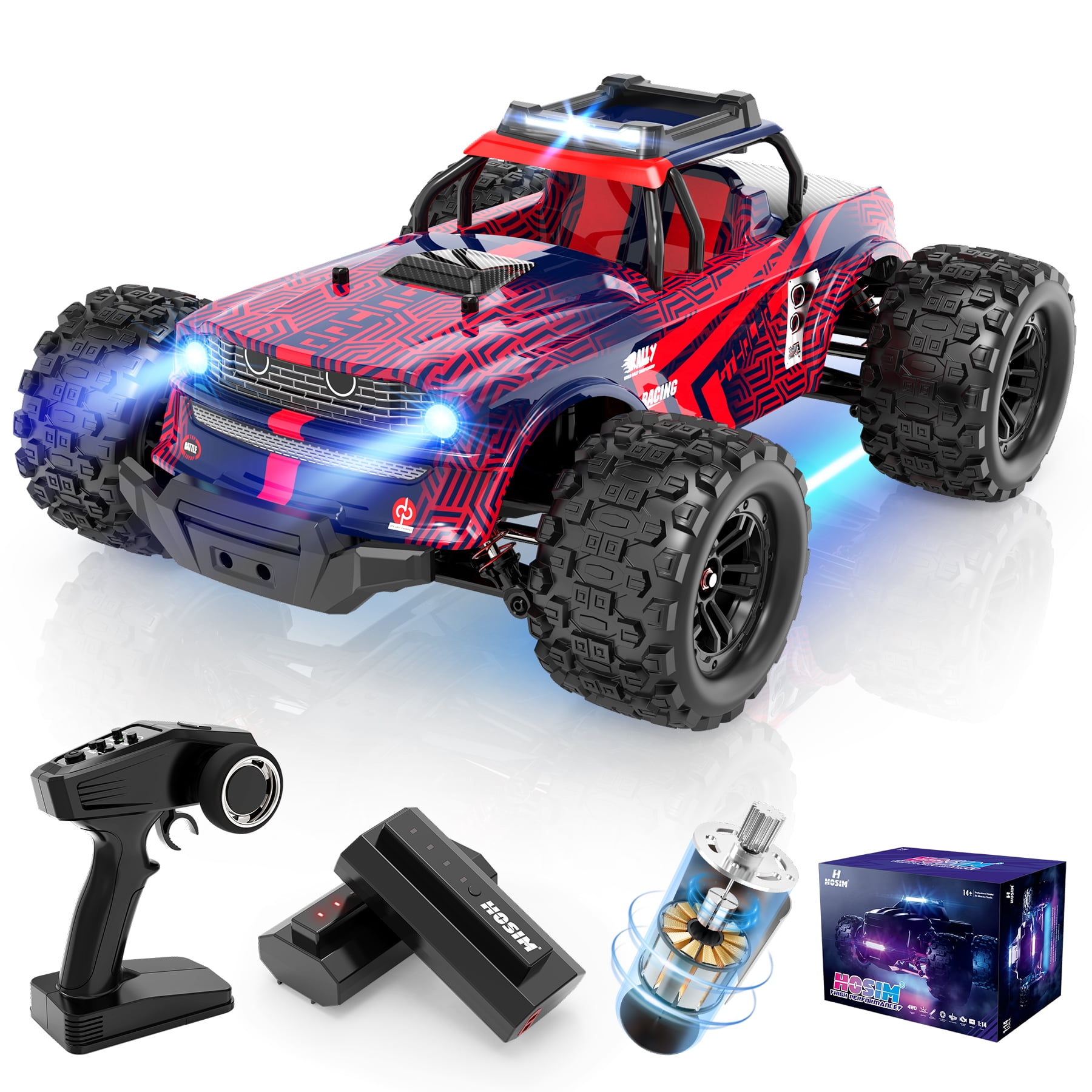 Hosim 1:14 RC Car With Light,Jumping Remote Control Car RC Monster Truck, 40+ KPH High Speed Hobby Electric Off-Road Toys Gift for Adult Kids