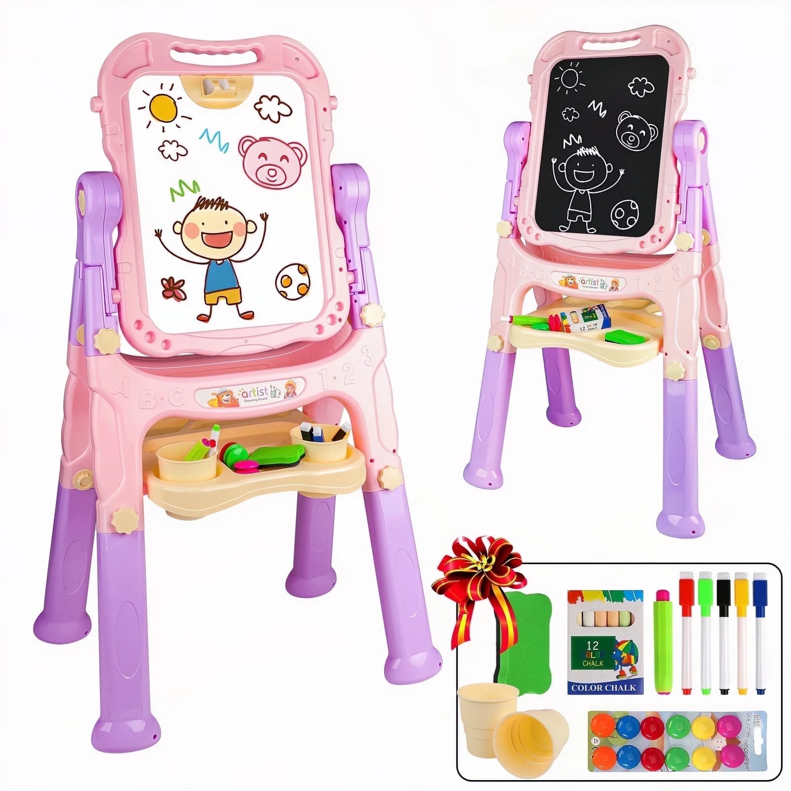 Hot Bee Art Easel for Kids 2-4, Double-side Standing Easel for Toddlers, Magnetic Drawing Board w/ Painting Accessories, Art Supplies Christmas Gifts for Little Boys Girls 3+, Middle Size Pink