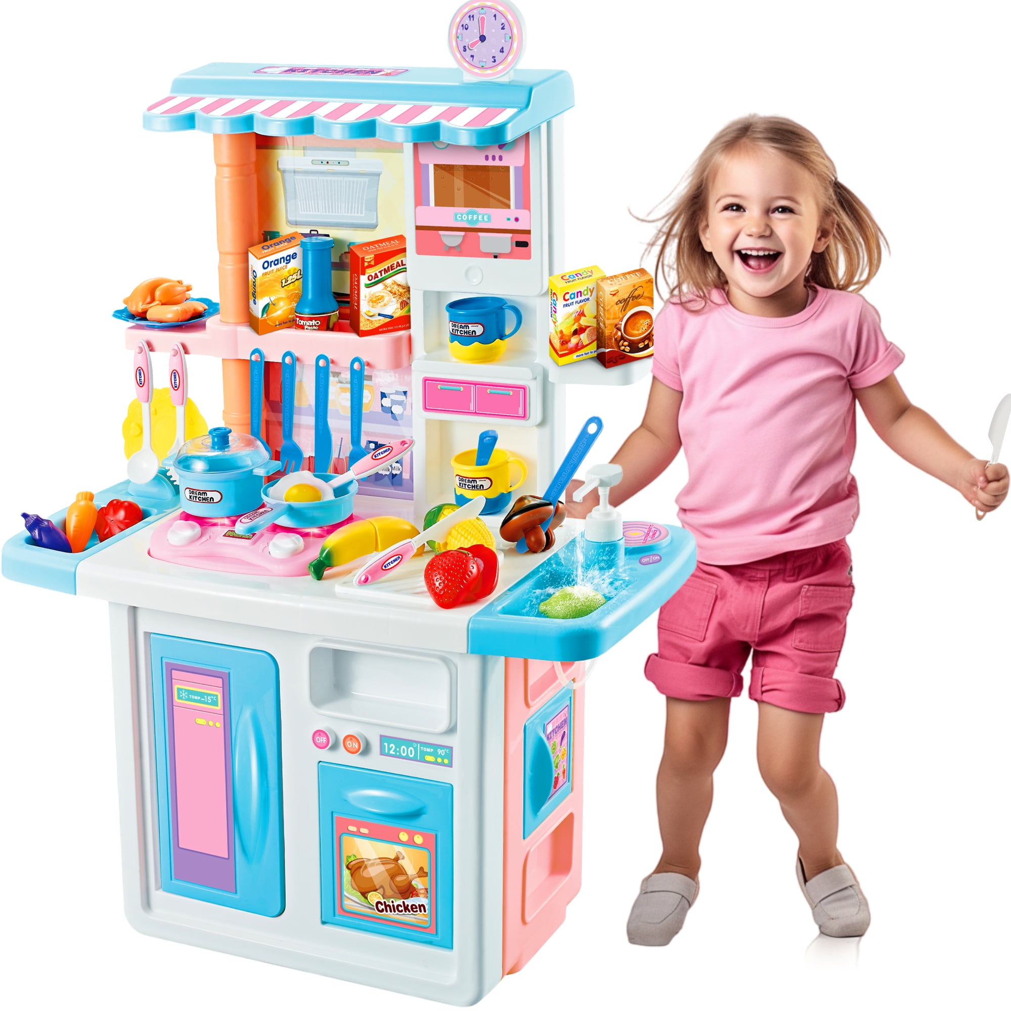 Hot Bee Blue 34 inch Toy Kitchen Sets for Girls Boys, Pretend Play Kitchen Accessories Sets w/ Realistic Cooking Sounds&Lights, Christmas Gifts Toys for Kids 3 4-8