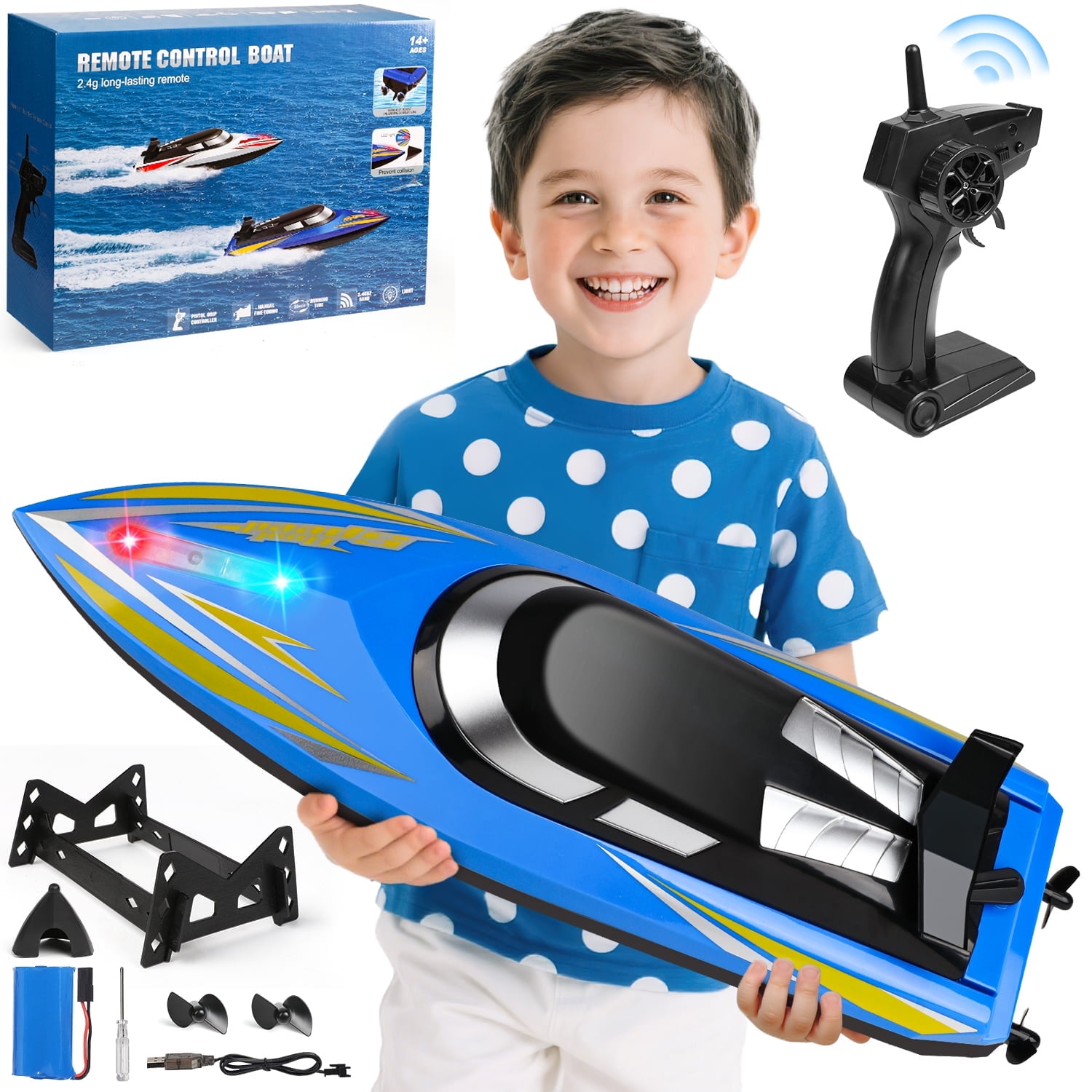 Hot Bee RC Boat for Adults & Kids, Fast Remote Control Boat with Led Lights for Pools and Lakes, 2.4Ghz High Speed RC Boat with Rechargeable Battery, Racing Boat for Kids Gifts for Boys Girls Aged 5+