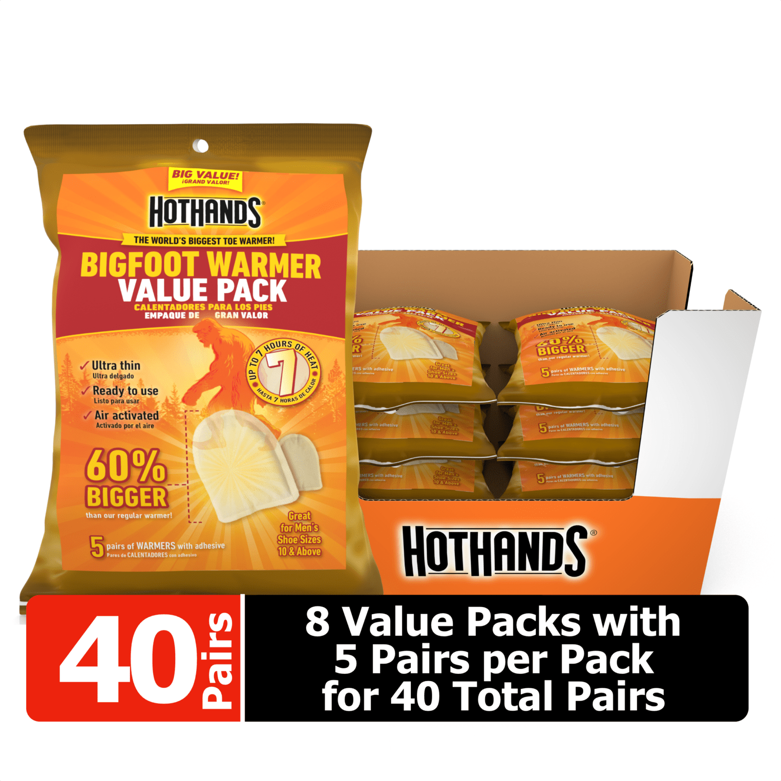 HotHands Bigfoot Large Toe Warmers with Adhesive, 60% Larger than standard toe warmers, 8 Value Packs of 5 Pairs = 40-Pair Pack