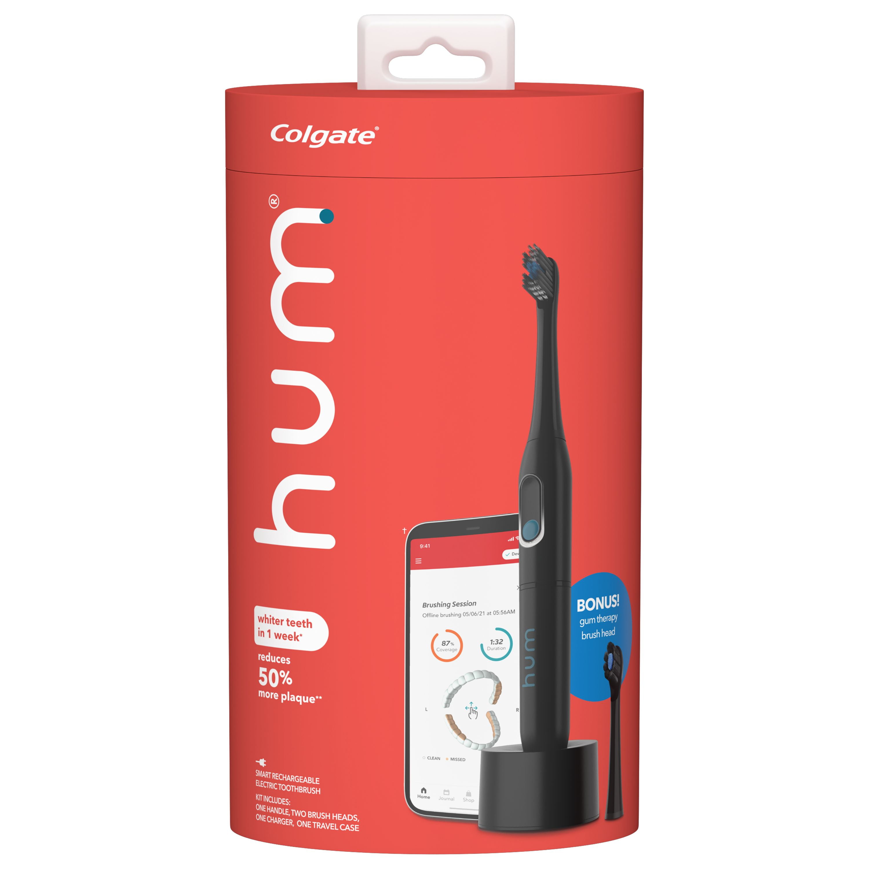 Hum by Colgate Smart Electric Toothbrush Kit, Rechargeable Sonic Toothbrush with Travel Case, Black, Adult
