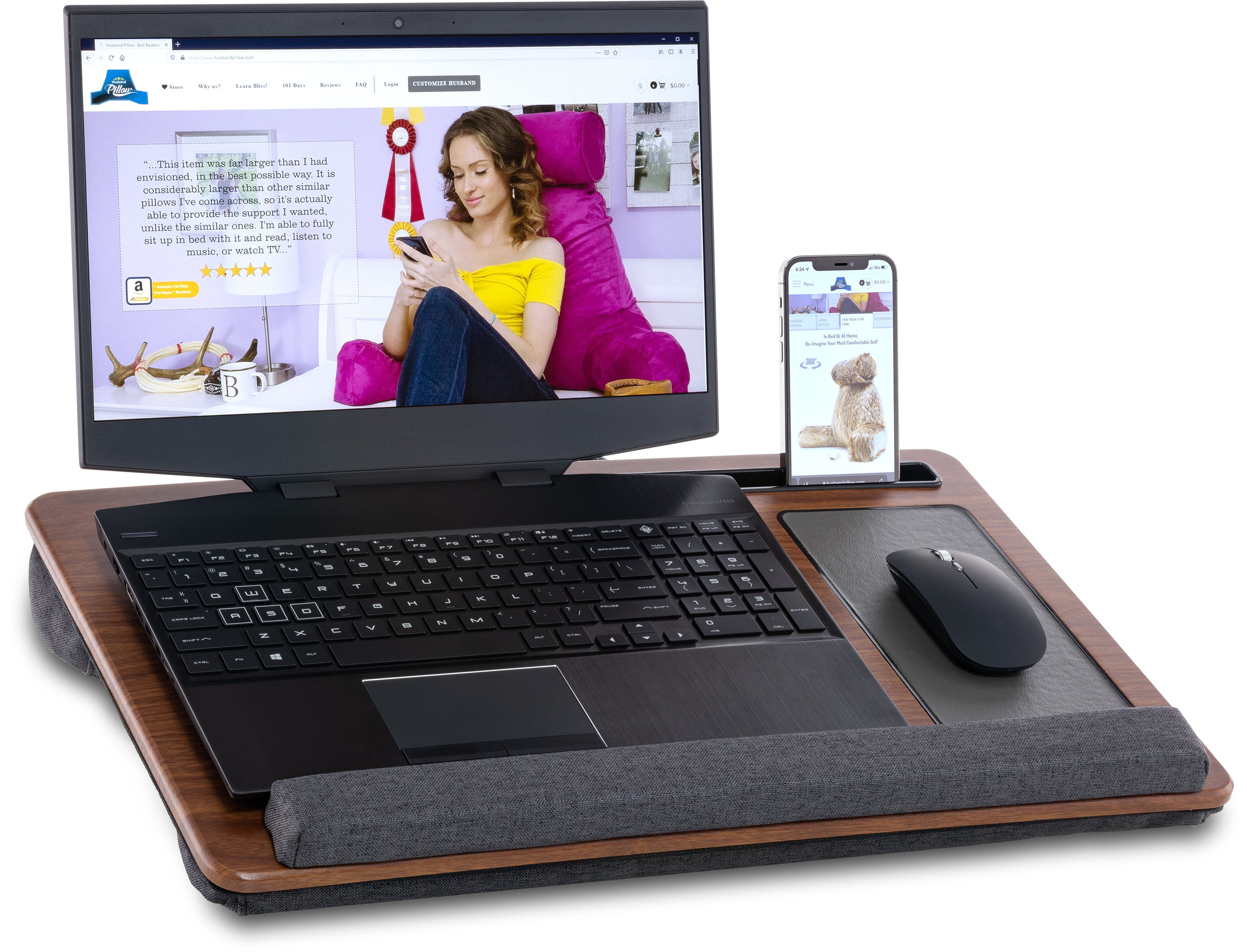 Husband Pillow - Bed Tray Desk, Adjustable Hard Wood PVC Desktop Lap Desk, Portable Laptop Table Stand Foldable Laptop Tray for Sofa Couch Floor (Large)