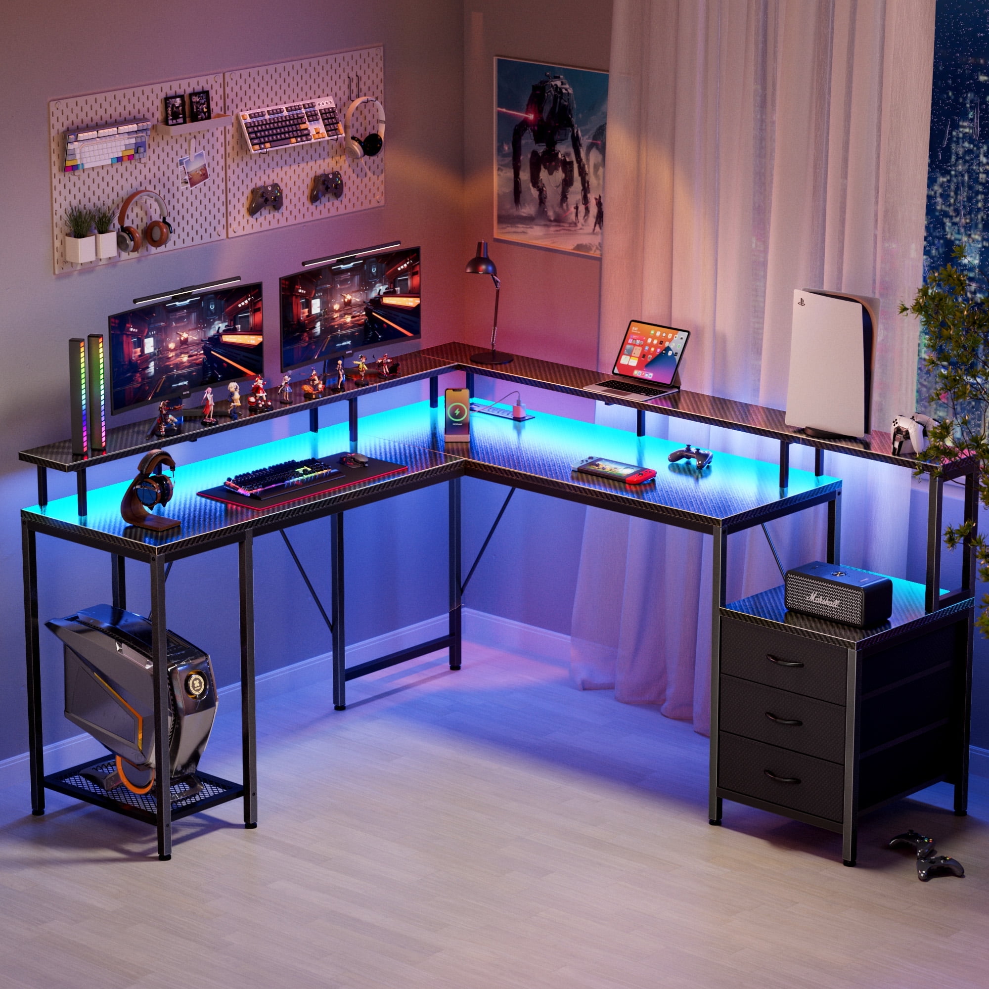 66" L Computer Desk, LED Gaming Desk with 3 Drawers and Power Outlets, L Shaped Desk with Monitor Stand, Long Office Corner Desk with Shelves in 3D Carbon Fiber Black