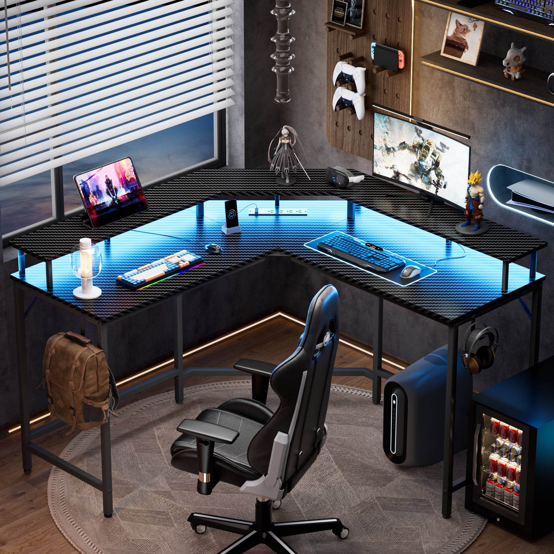 SUPERJARE Gaming Desk, L Shaped Computer Desk with Outlets and Monitor Stand, LED Gaming PC Office Desk Corner Desk with Hooks, 3D Carbon Fiber Black