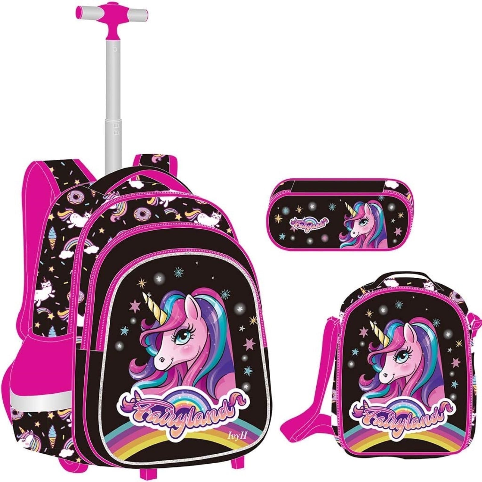 IvyH 3PCS Rolling Backpack Wheeled Bag with Lunch Bag and Pencil Case,Black Unicorn