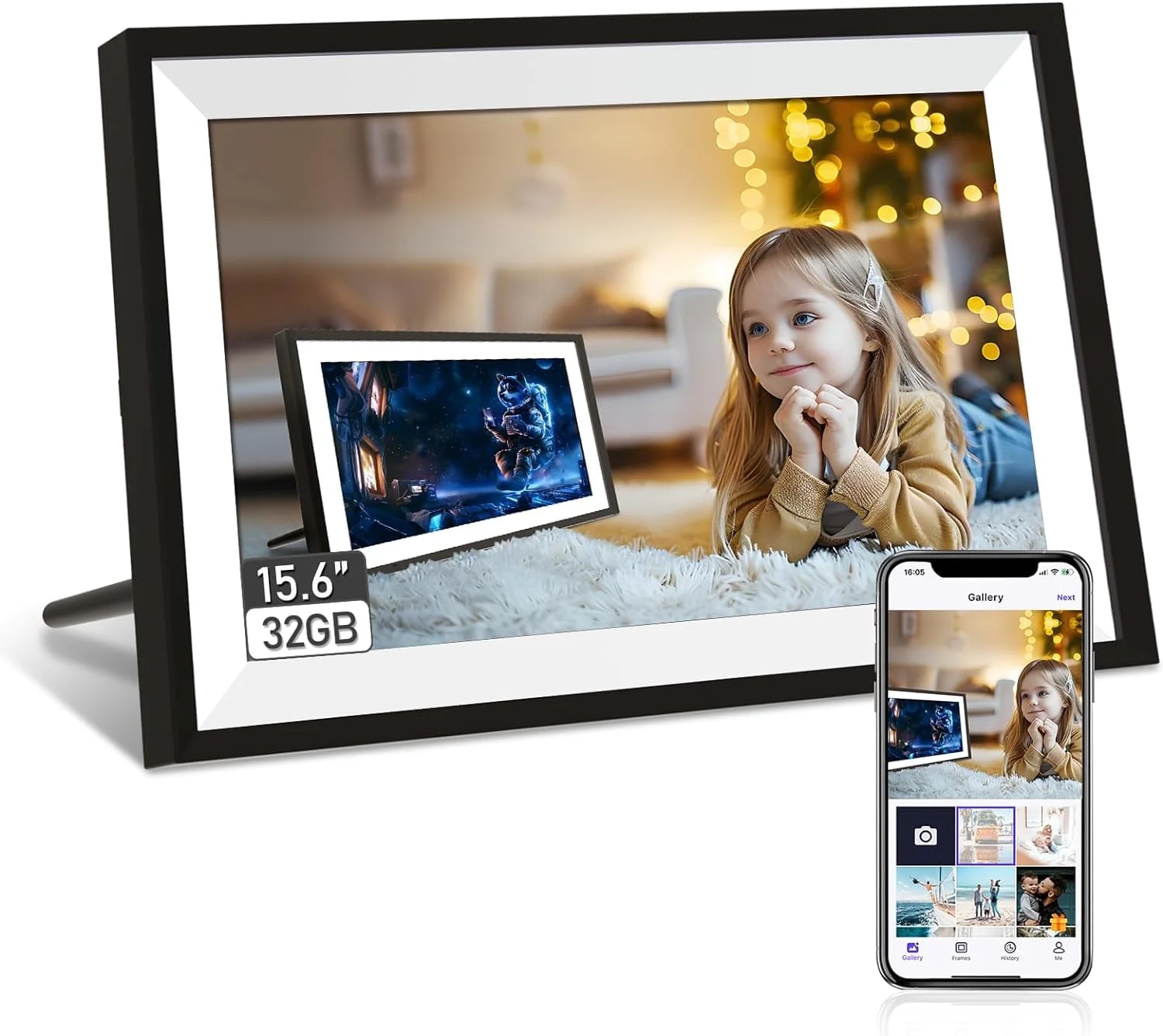 IPRODA Digital Picture Frame, 15.6-inch Large Digital Photo Frame, 1080P IPS FHD Touch Screen 32GB WiFi Share Photos Instantly via Uhale App（Black）