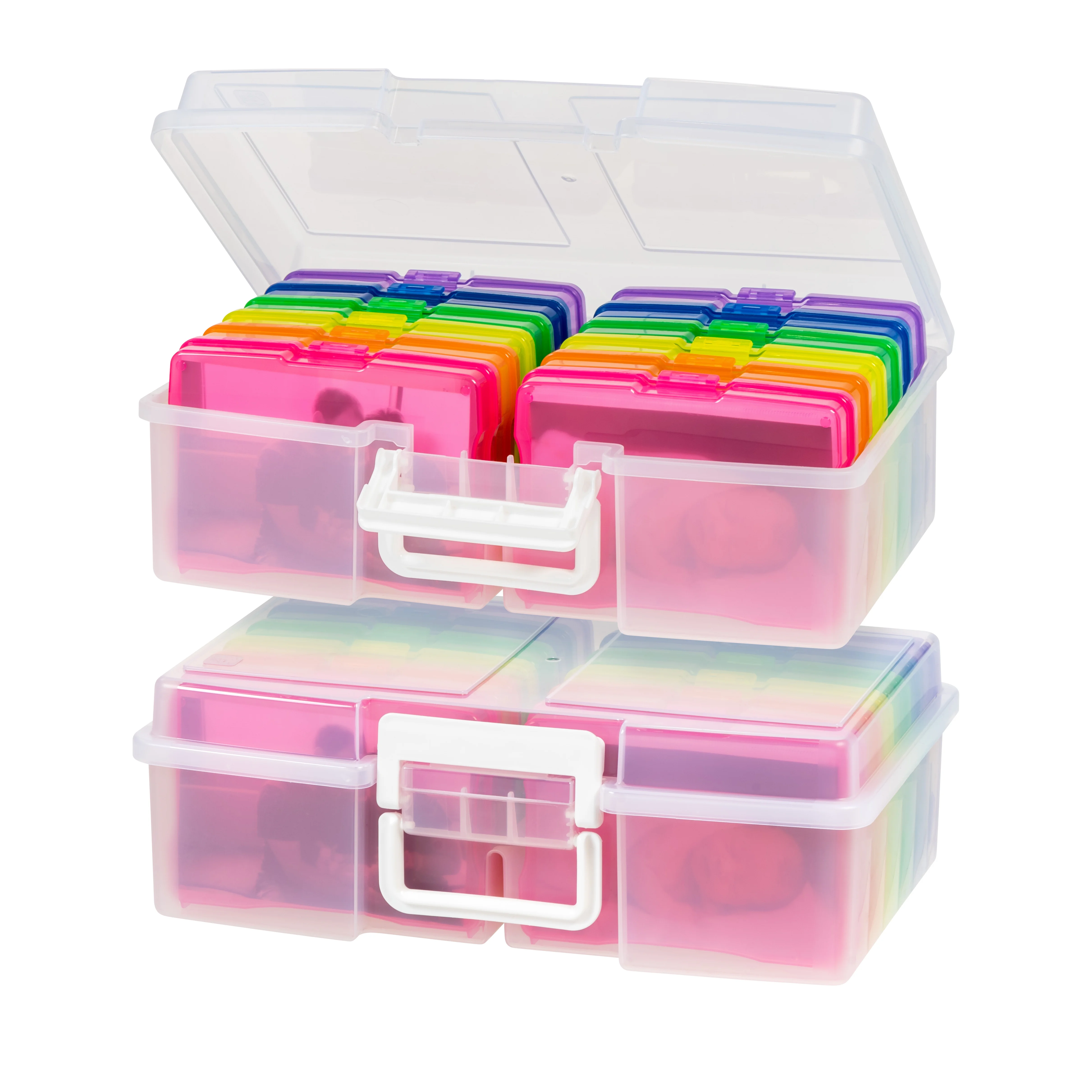 IRIS 4" x 6" Photo Craft Keeper Storage Boxes with Handle and 12 cases, Rainbow Color, Set of 2