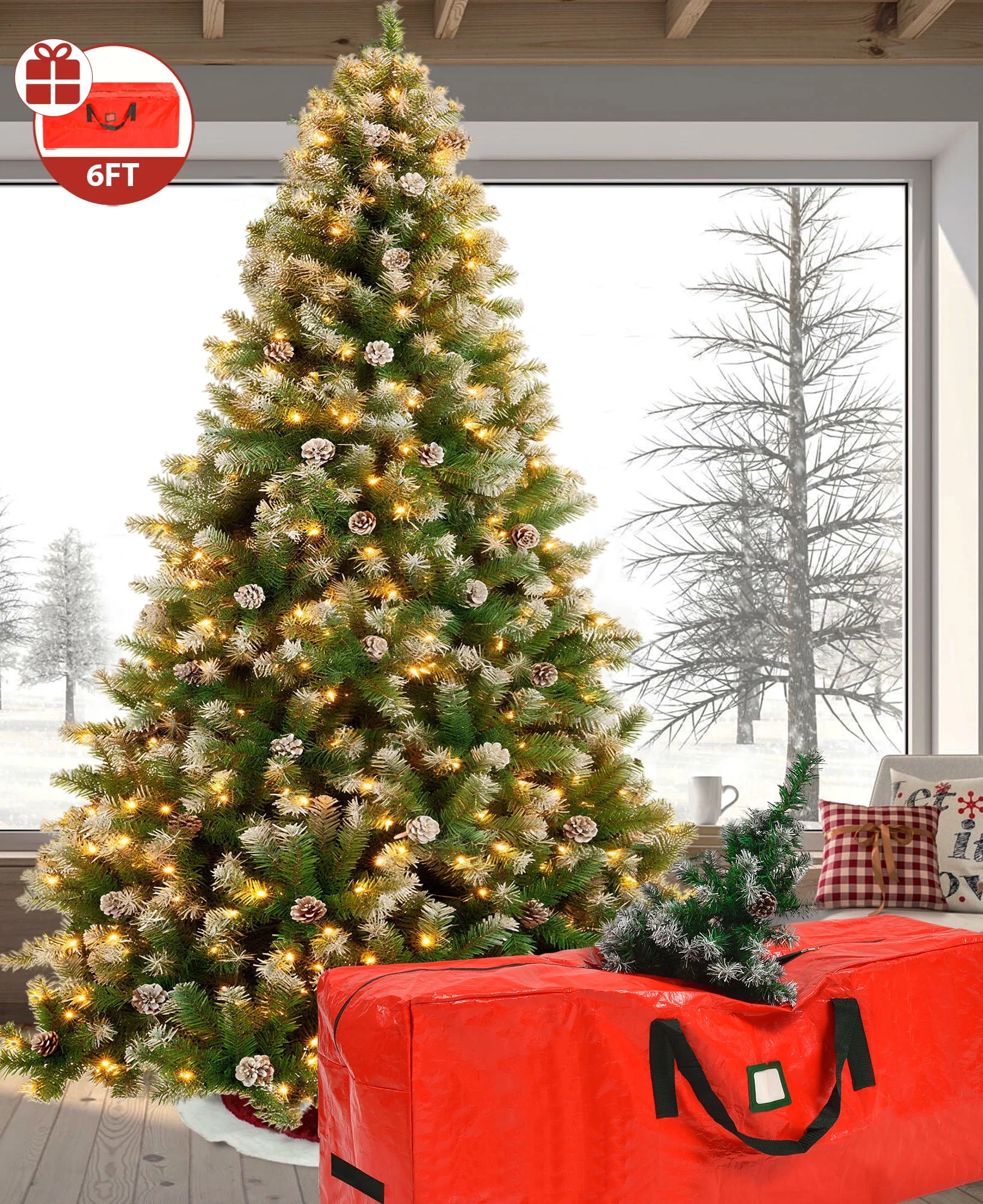 Yexmas 6ft Pre-Lit Christmas Tree, 8 Modes LED Lights, Artificial Xmas Tree with Large Storage Bag